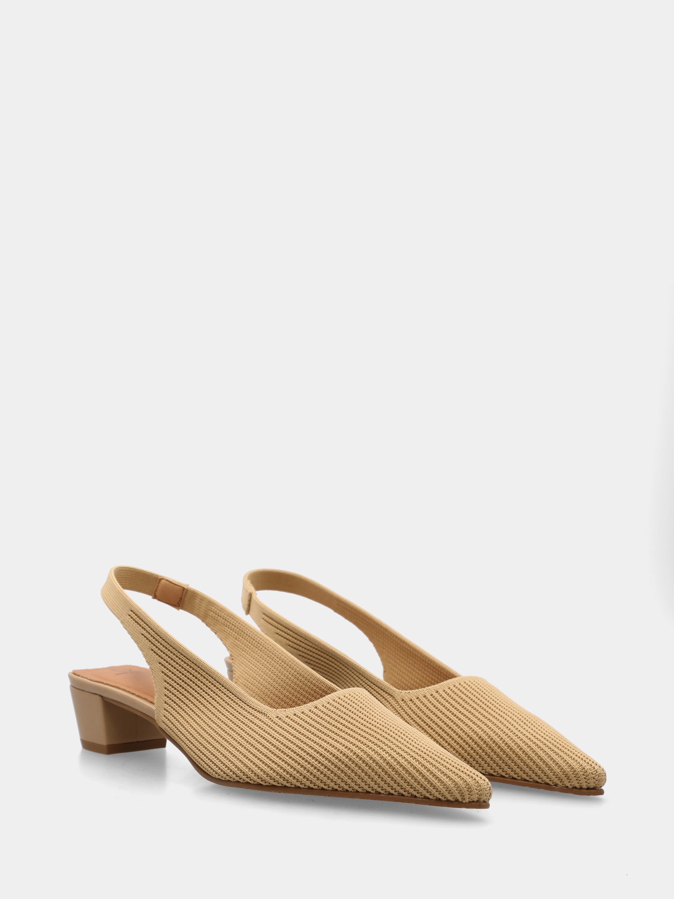 Beige fabric slingback with elastic mesh and block heel