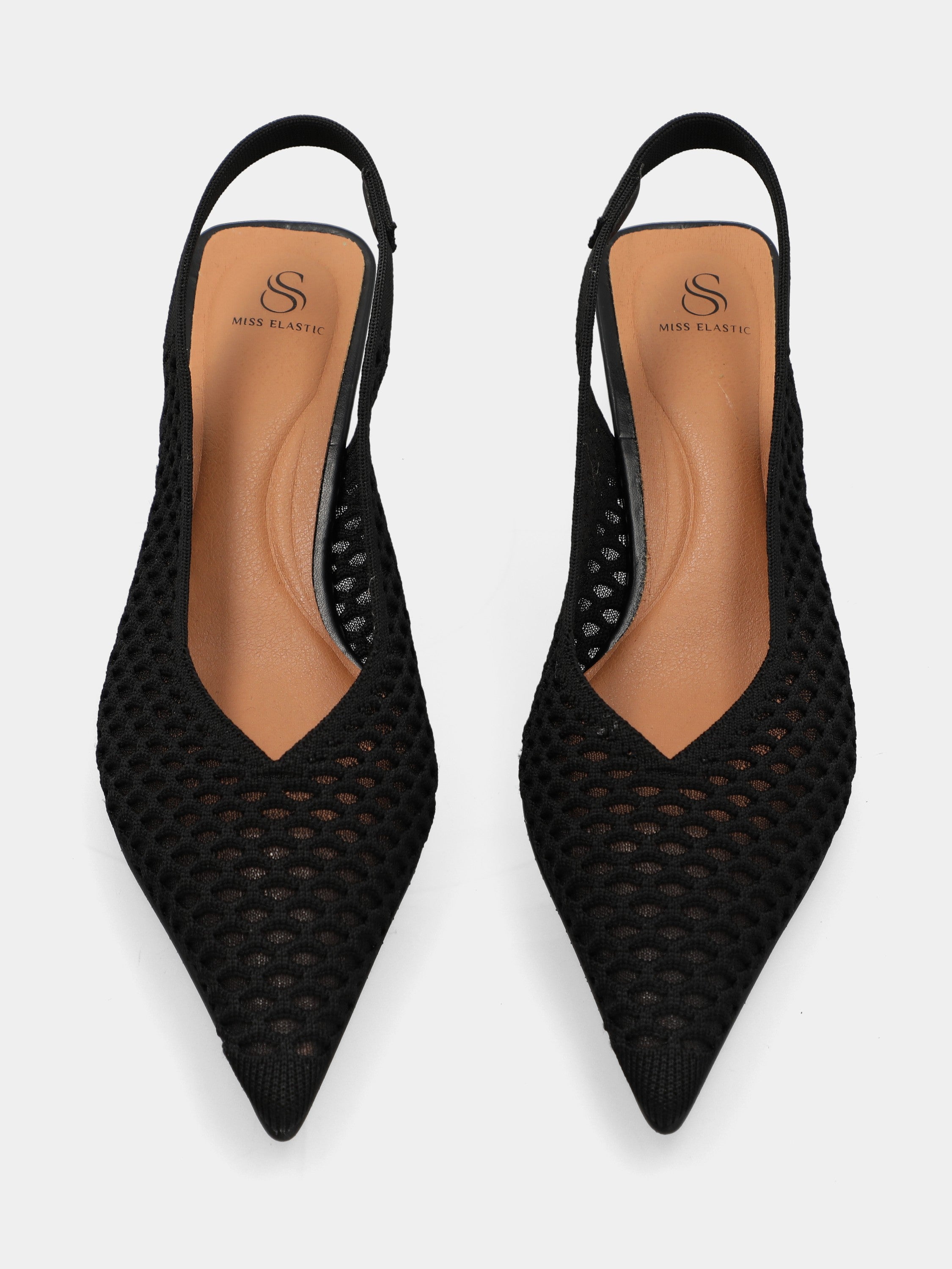 Slingback en tissu élastique noir avec résille ajourée et talon bloc