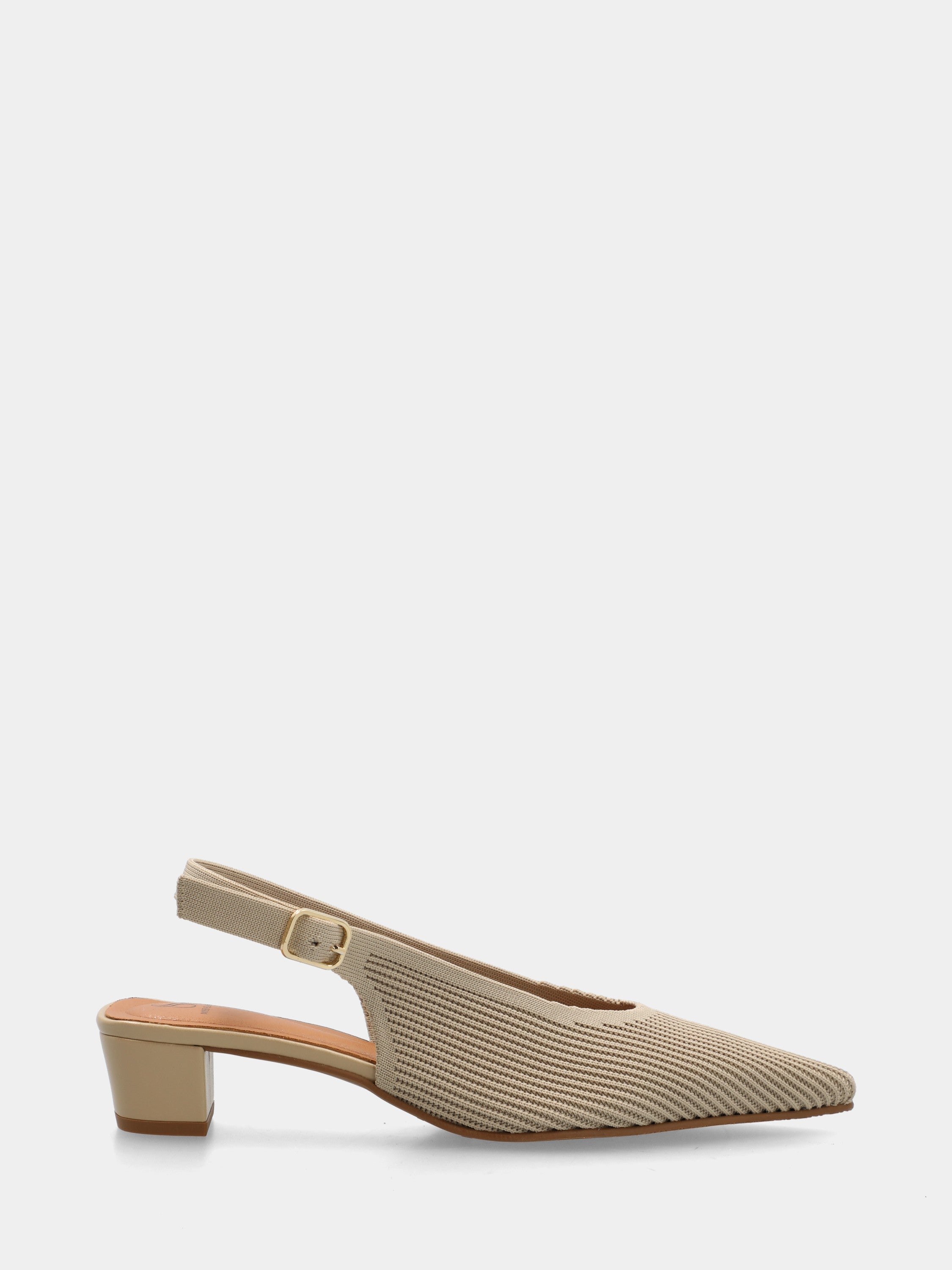 Beiger elastischer Slingback aus Stoff mit Blockabsatz