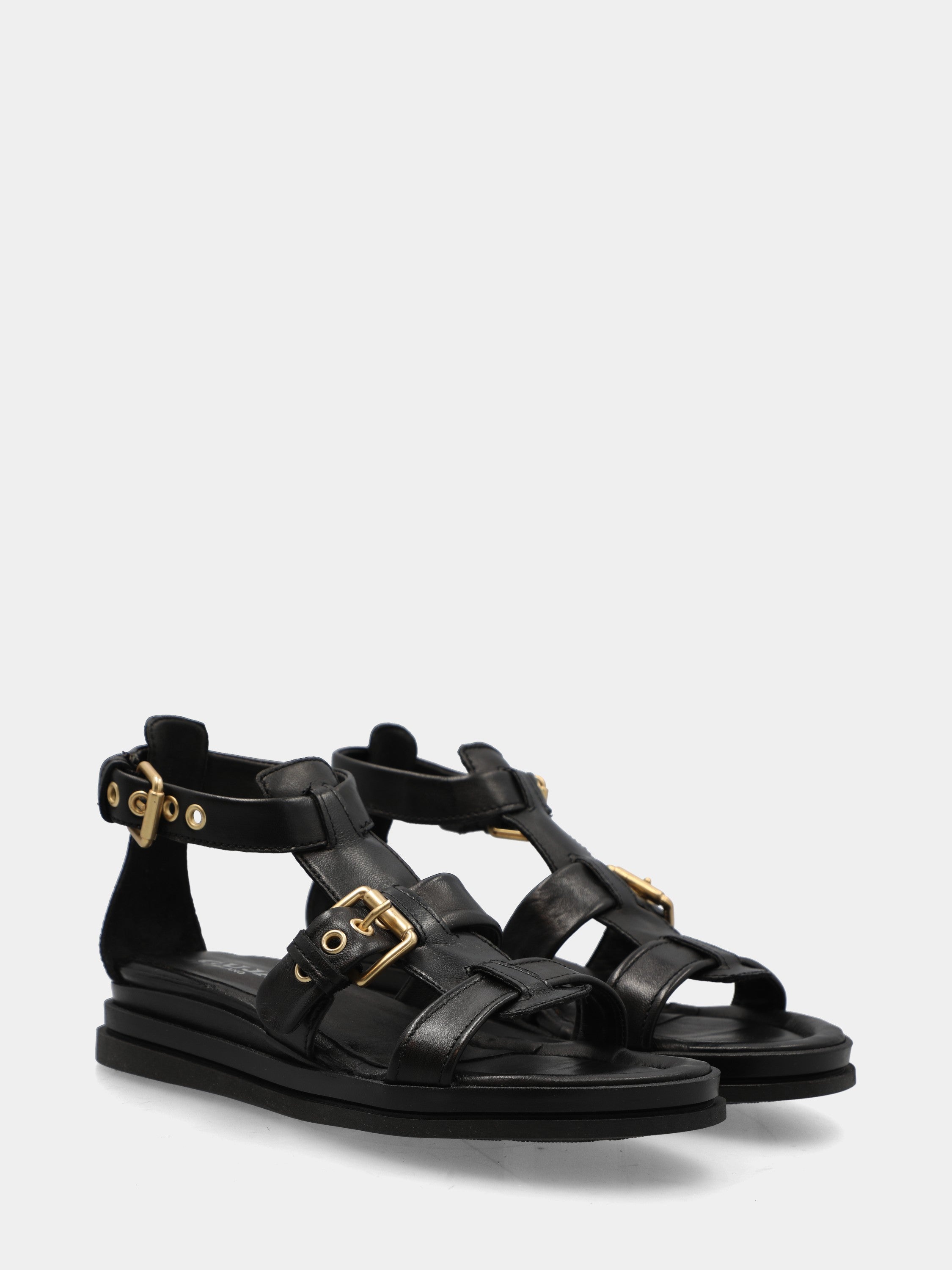 Sandalo zeppa in nappa nera con fibbie a fascia