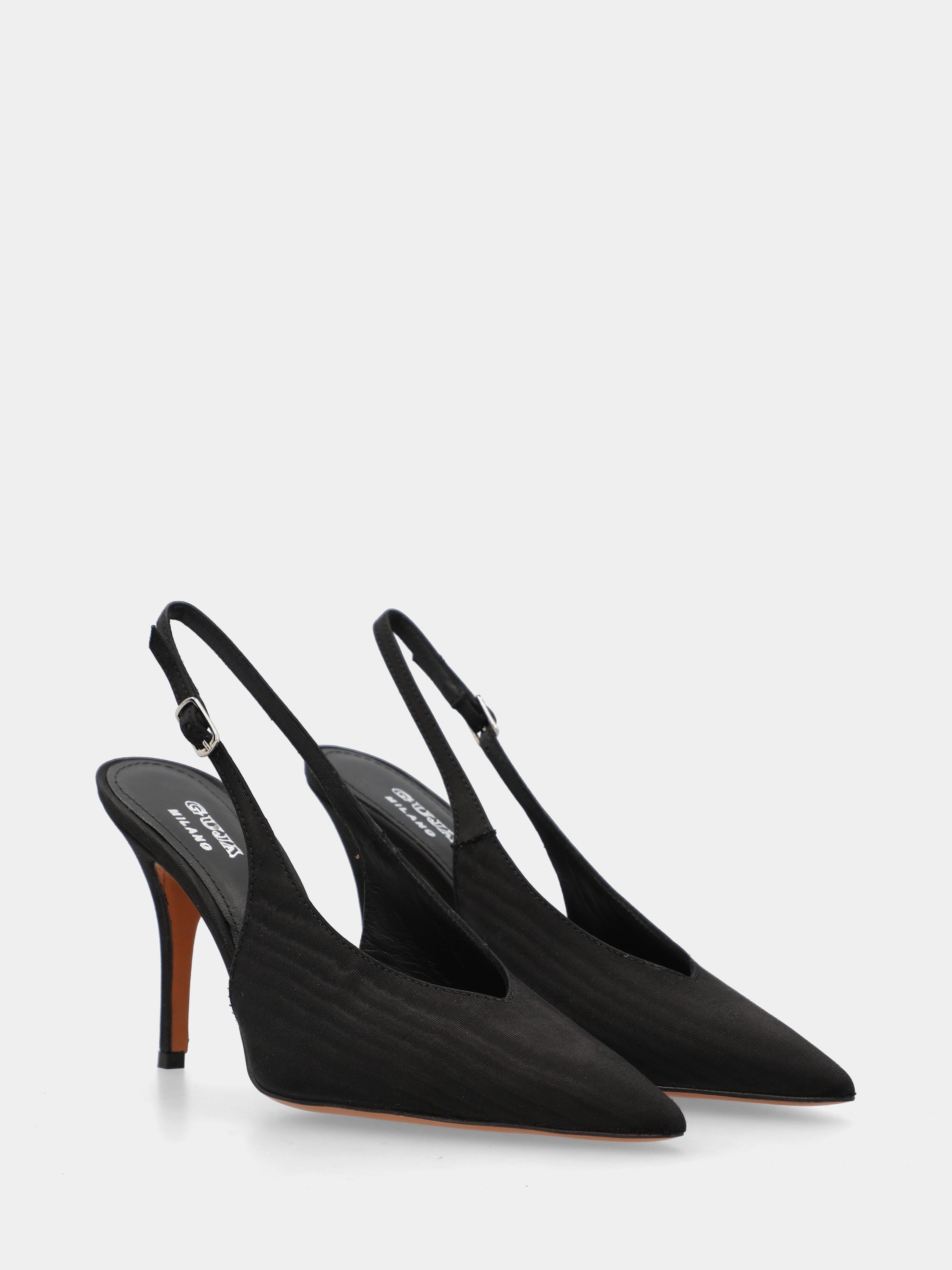 Black fabric slingback with scoop neck and conical heel