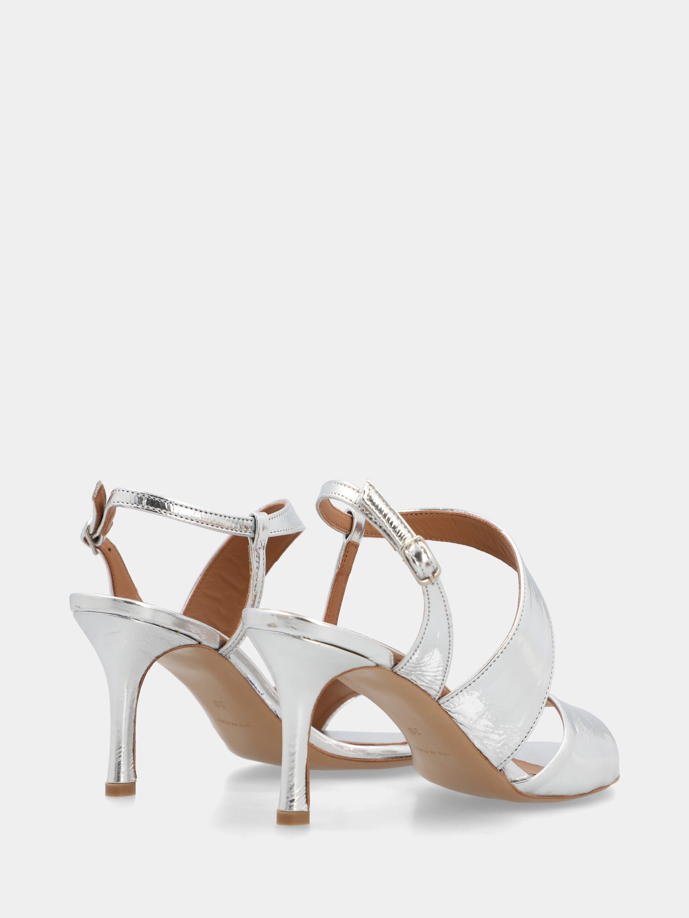 Silver laminated sandal with asymmetric straps and round toe