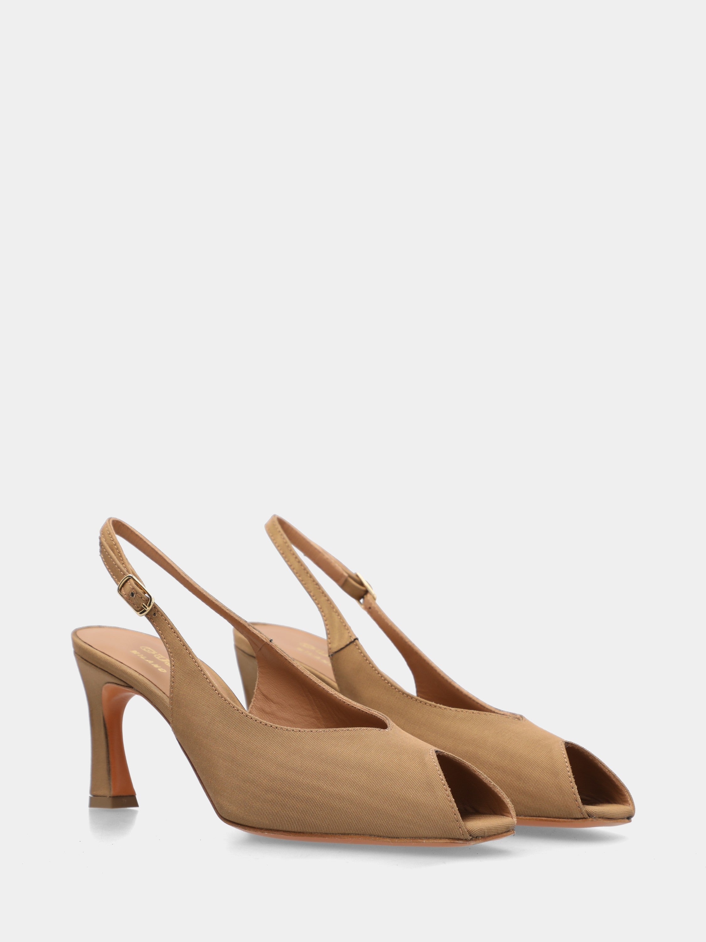Slingback open toe in tessuto beige con tacco a coda 75mm