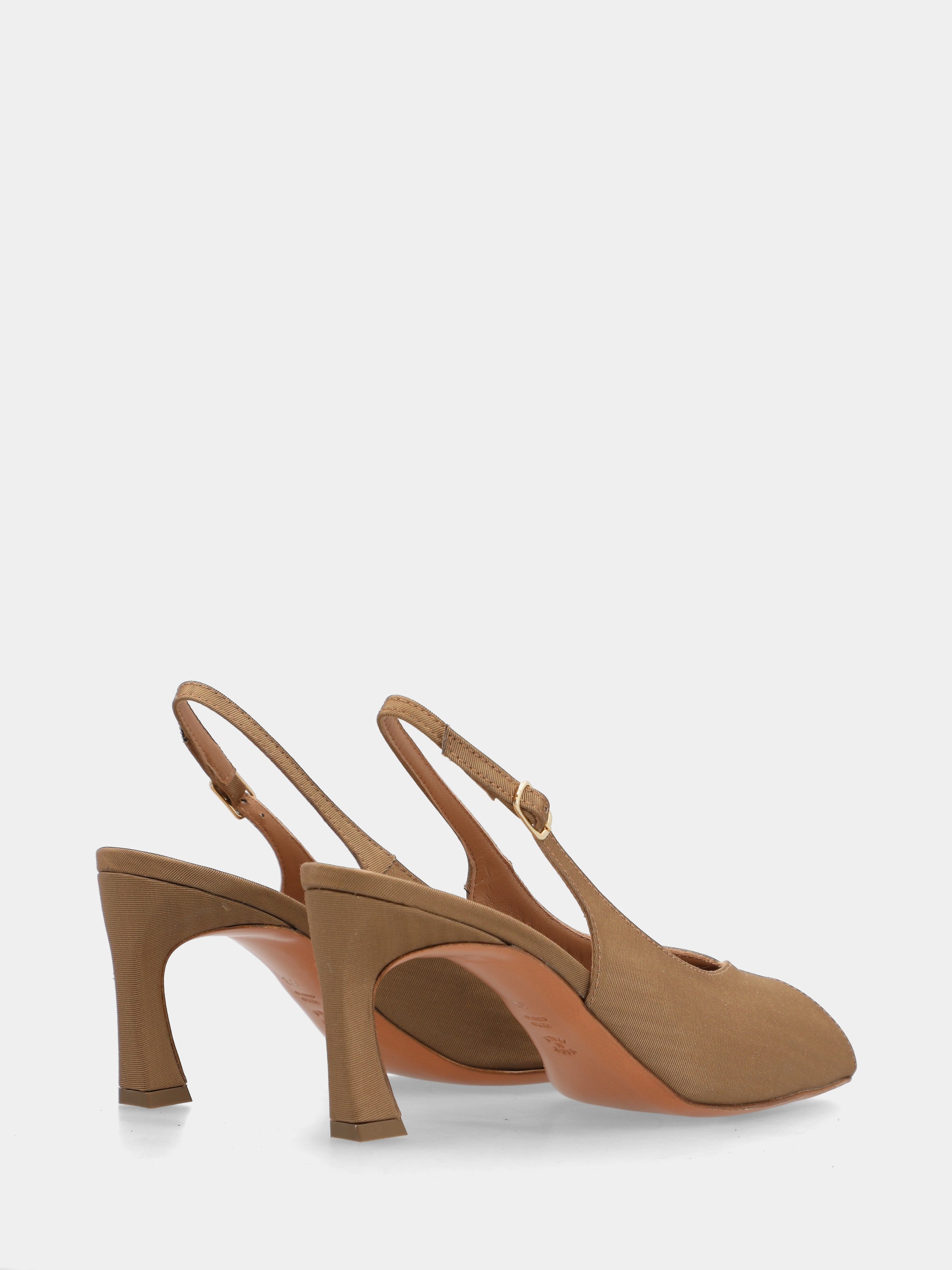 Slingback open toe in tessuto beige con tacco a coda 75mm