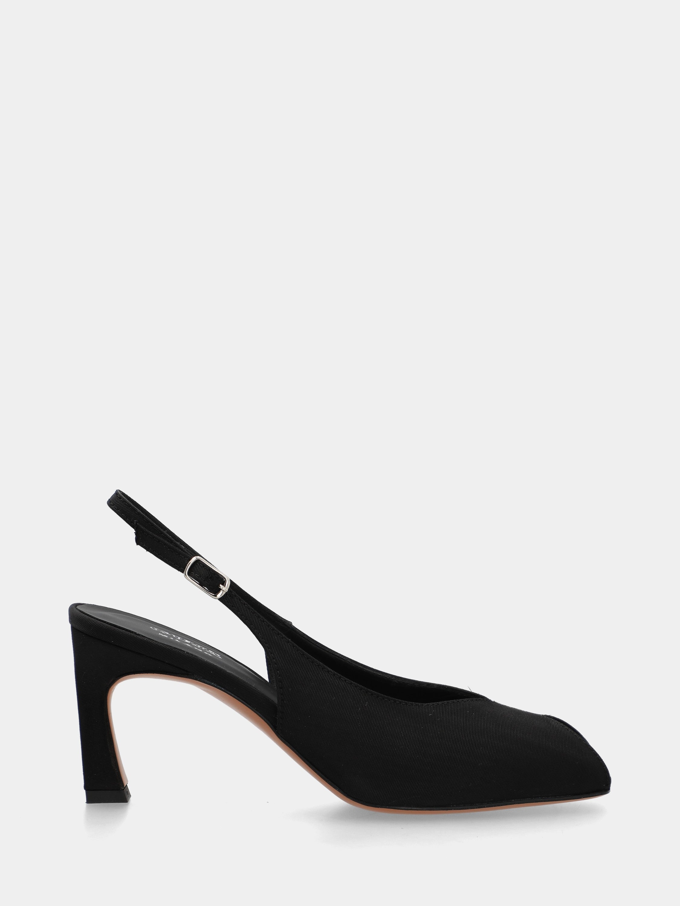 Slingback open toe in tessuto nero con tacco a coda 75mm