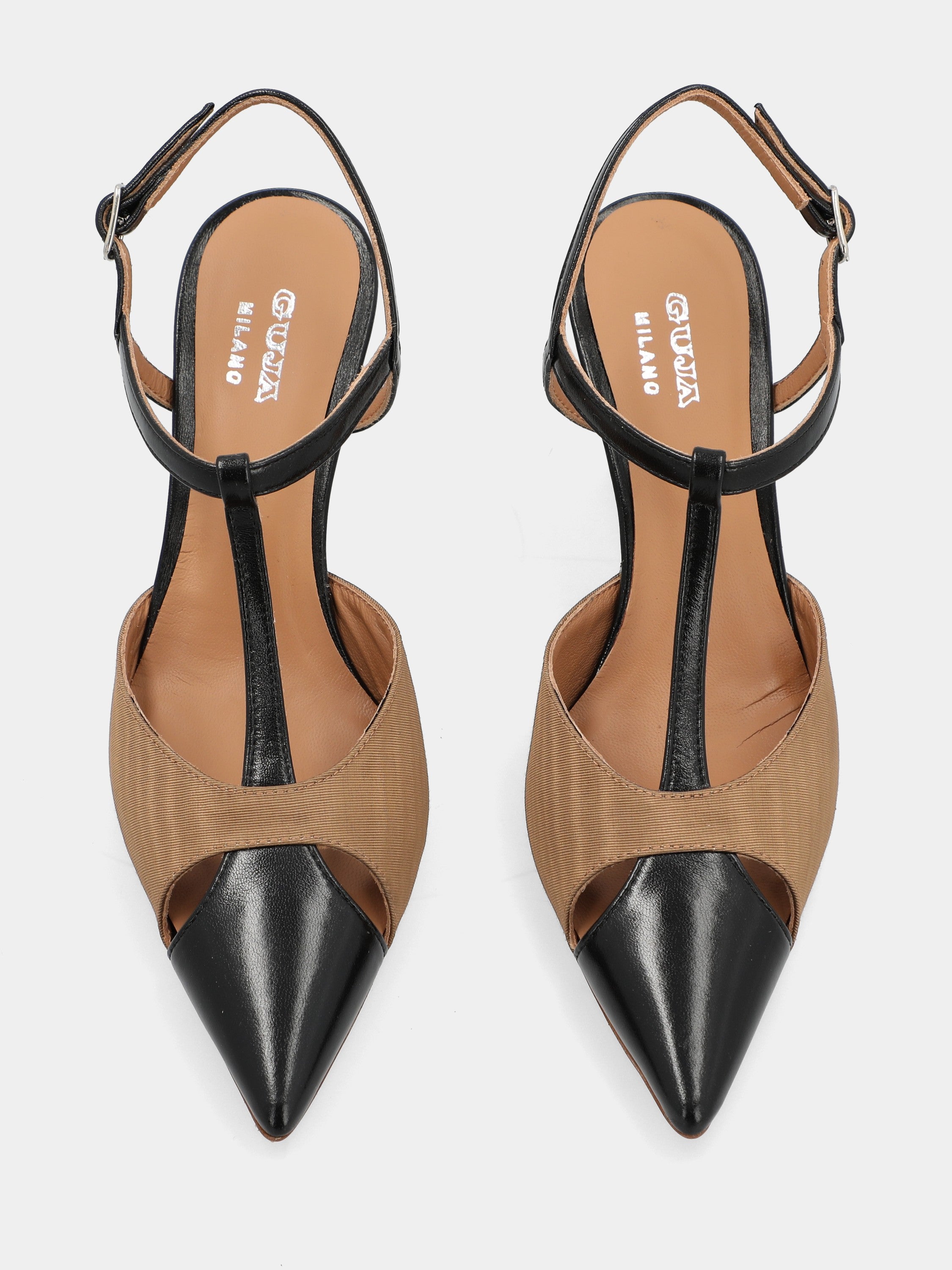 Slingback T-bar in hazelnut fabric and black leather with pointed toe