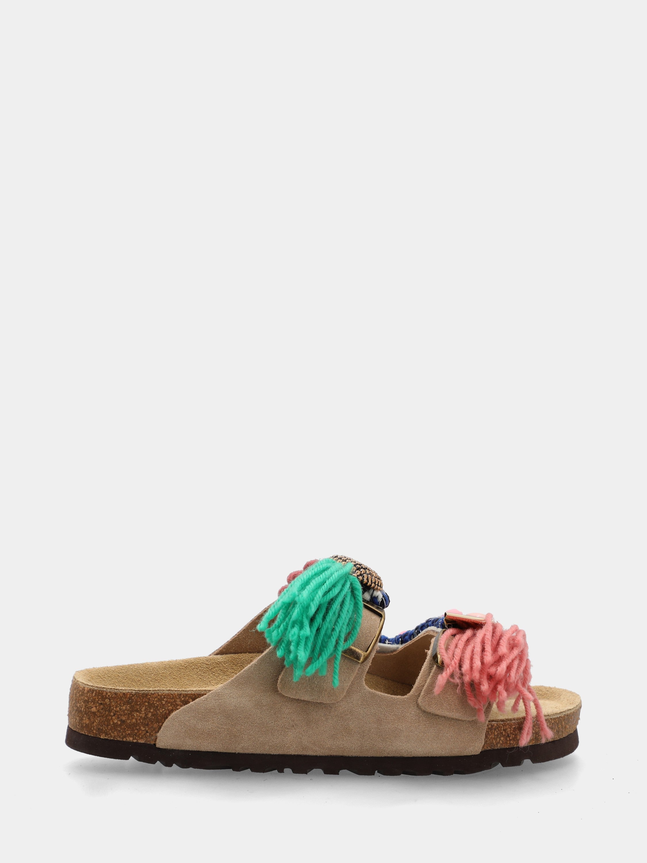 Sandalo in velour beige con pon pon multicolor
