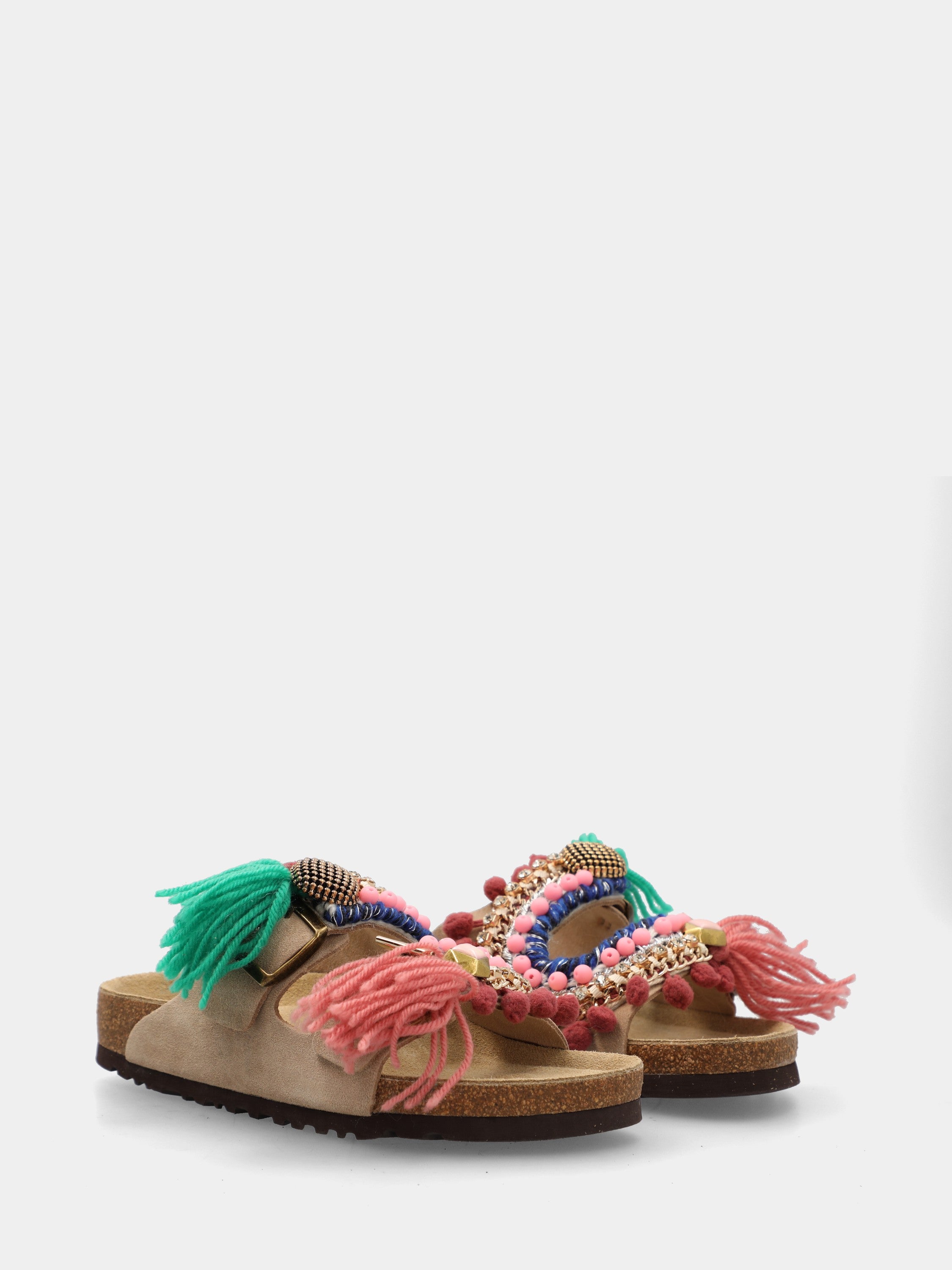 Sandalo in velour beige con pon pon multicolor