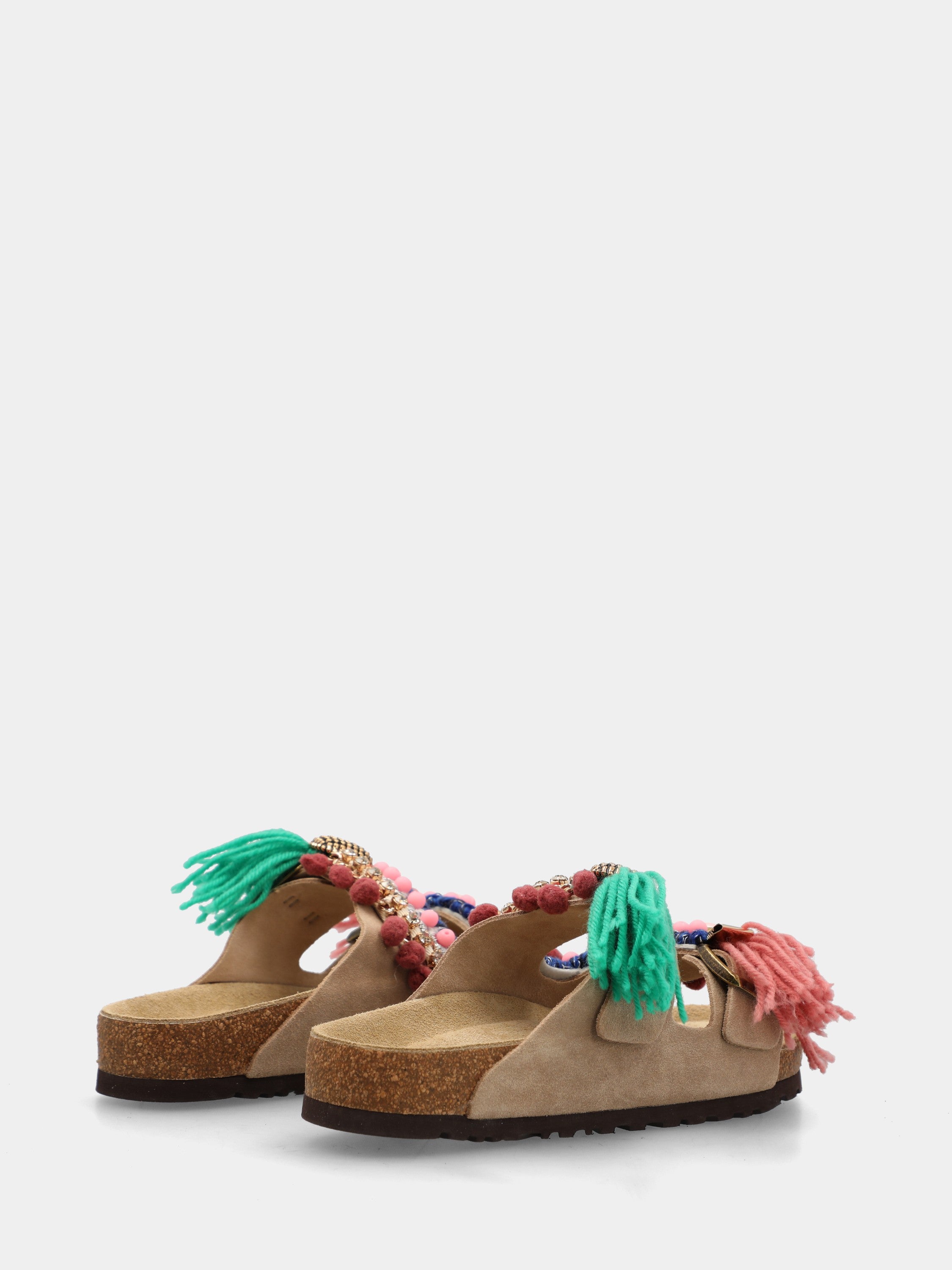 Sandalo in velour beige con pon pon multicolor