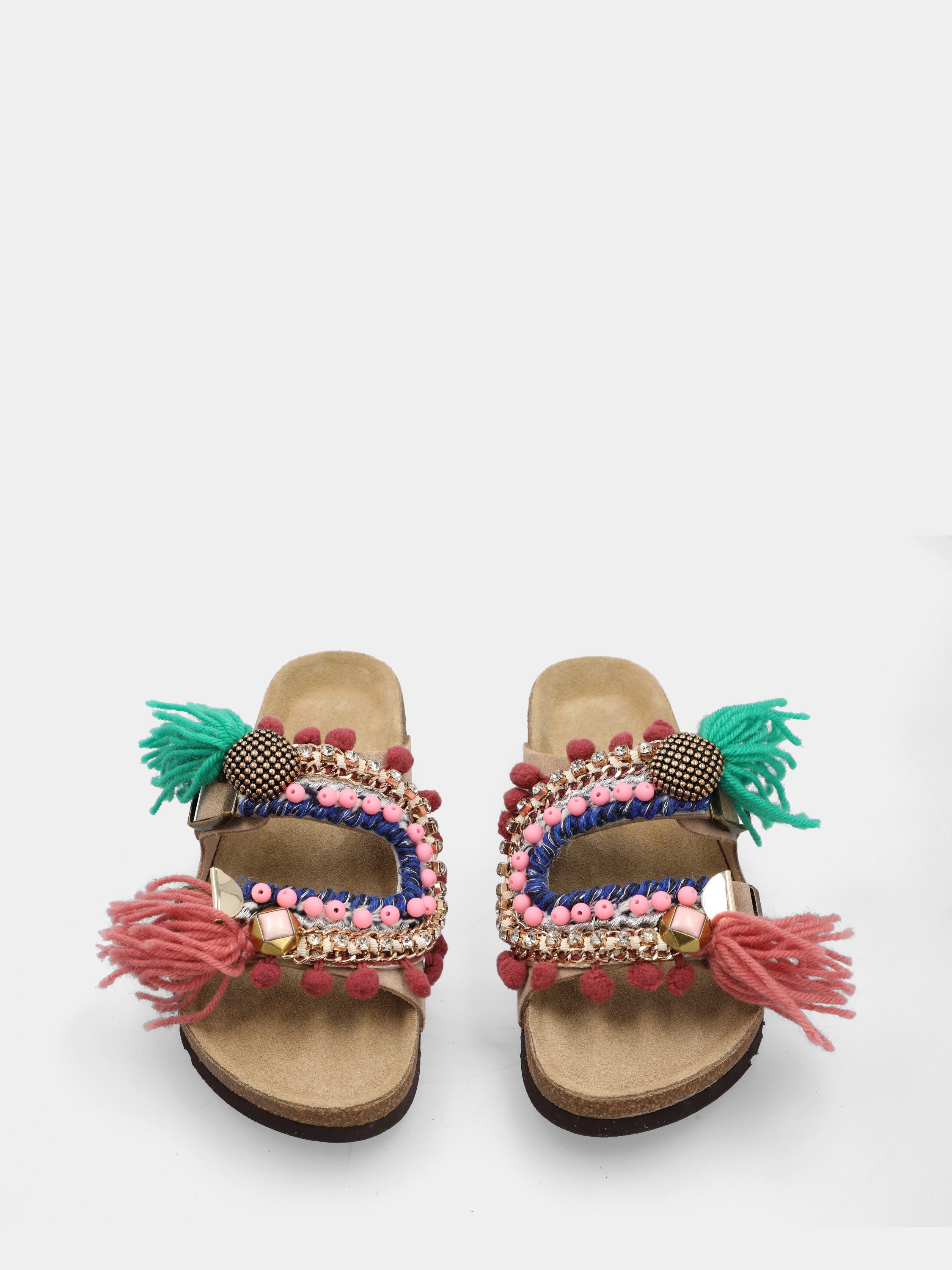 Sandalo in velour beige con pon pon multicolor