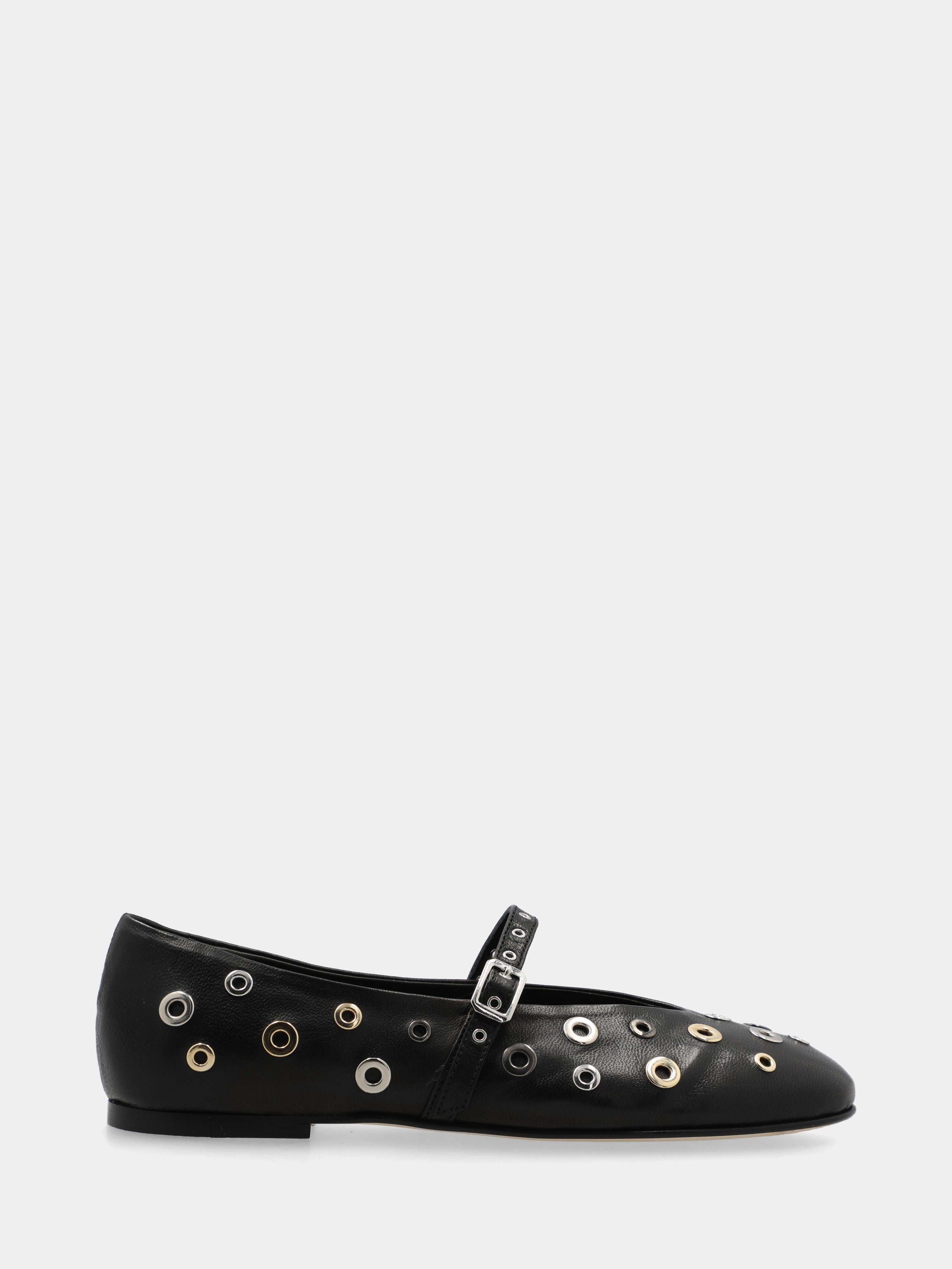 Mary Jane in perforated black nappa with rings and sacchetto-constructed stitching