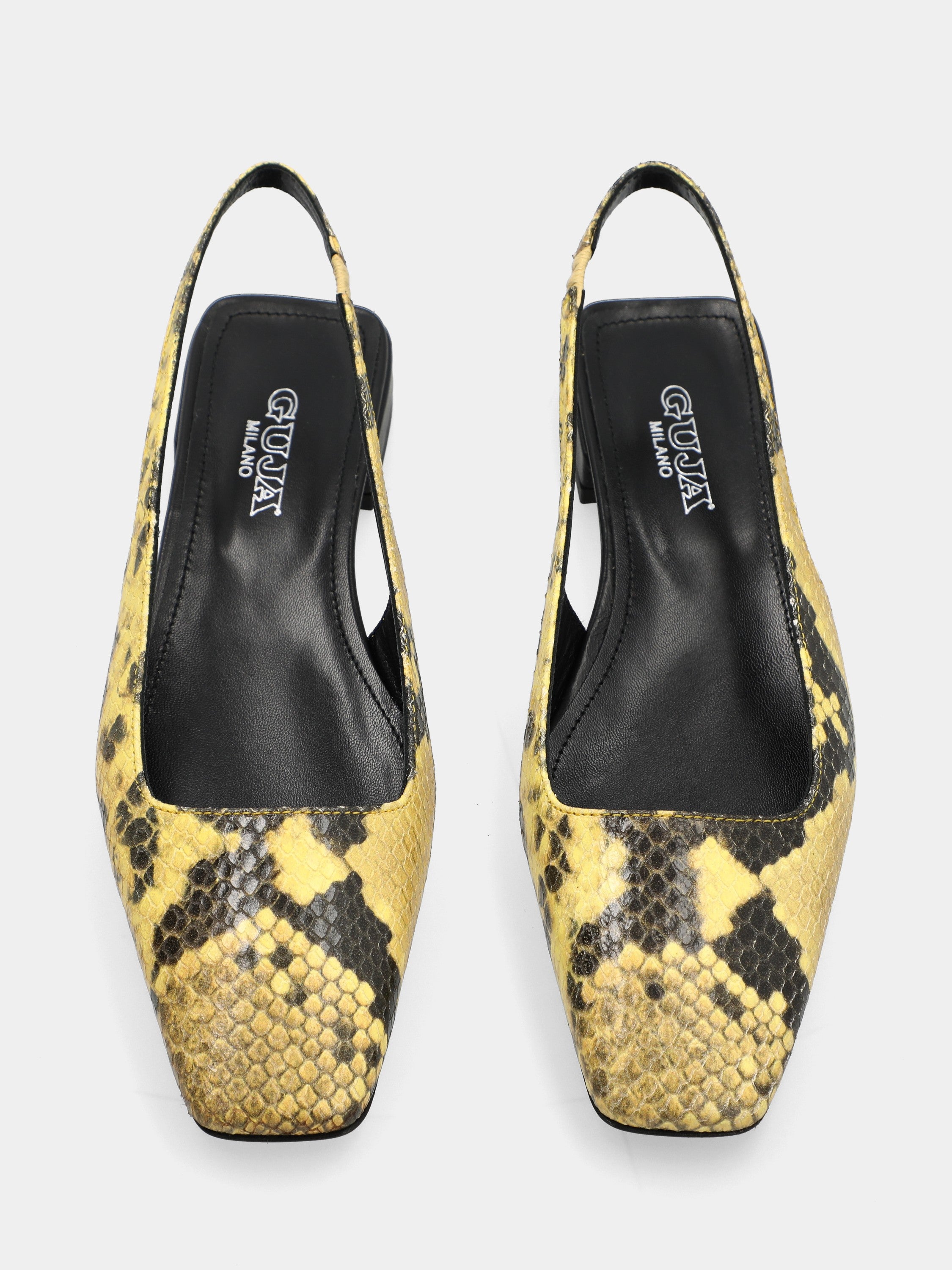 Slingback in vitello stampato pitone sui toni del giallo con punta quadrata