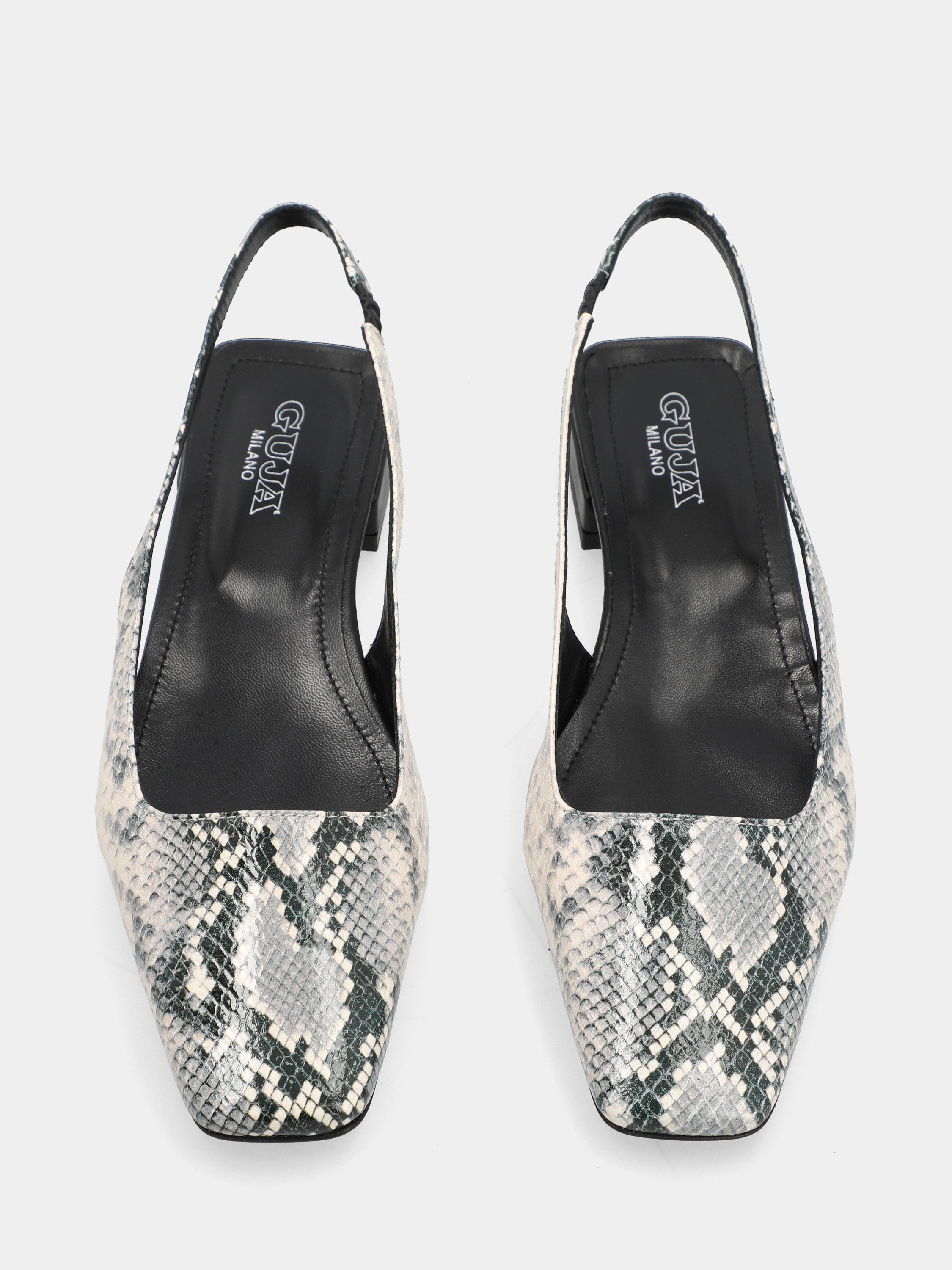 Slingback in vitello stampato pitone sui toni del grigio con punta quadrata