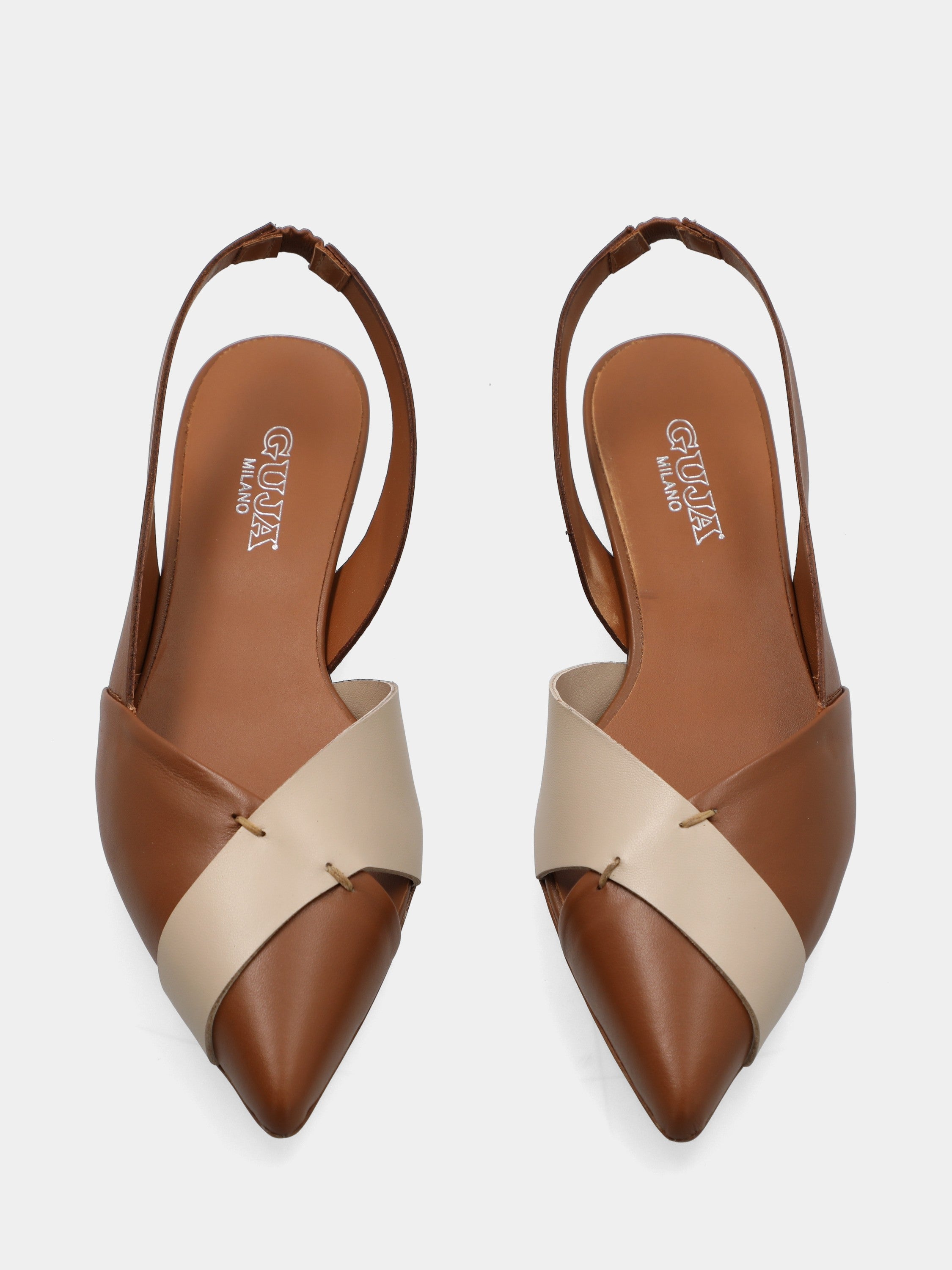 Bicolore Slingback aus braunem und beigem Kalbsleder mit konischem Absatz
