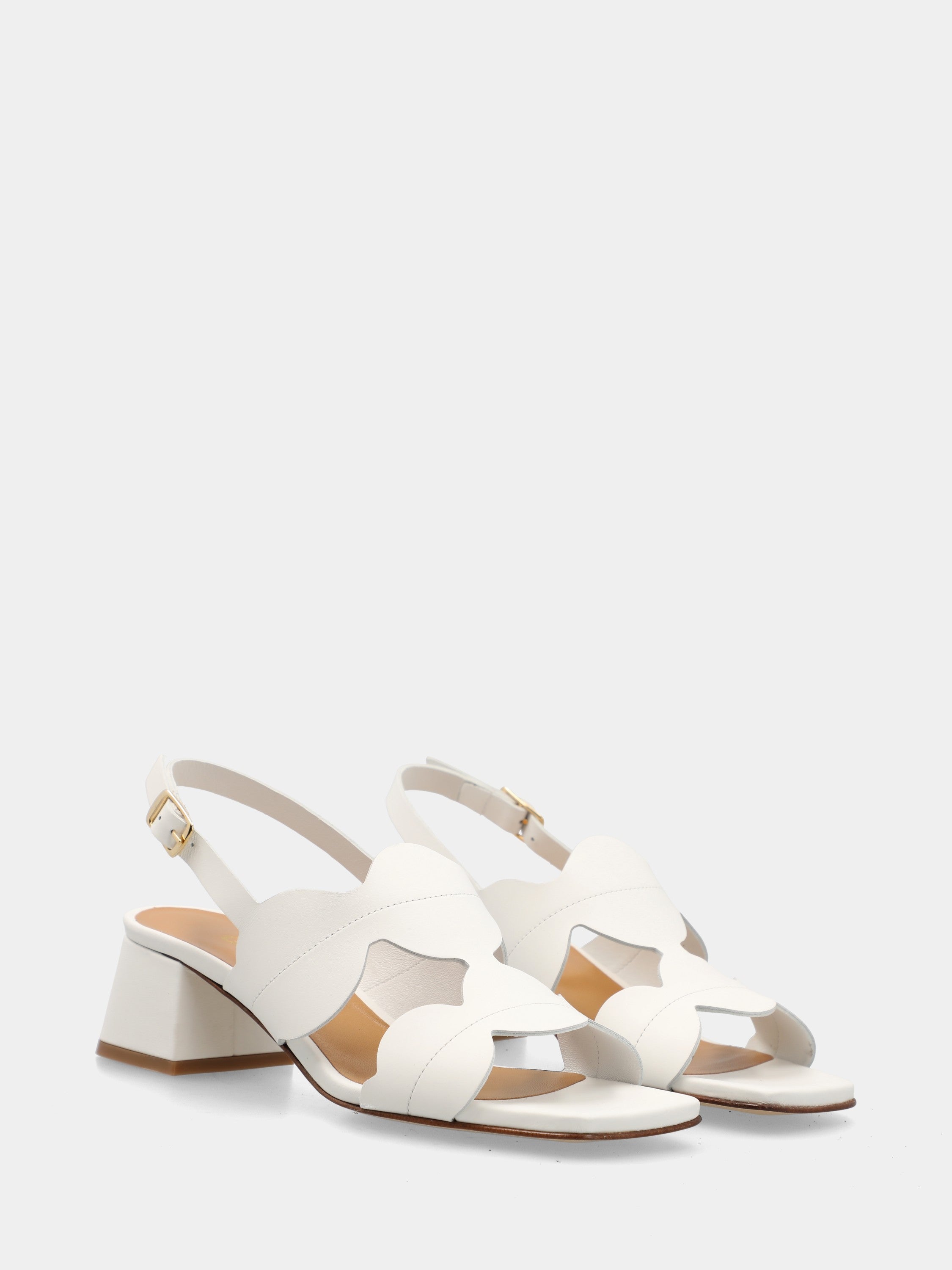 White calf leather sandal with disc straps and block heel