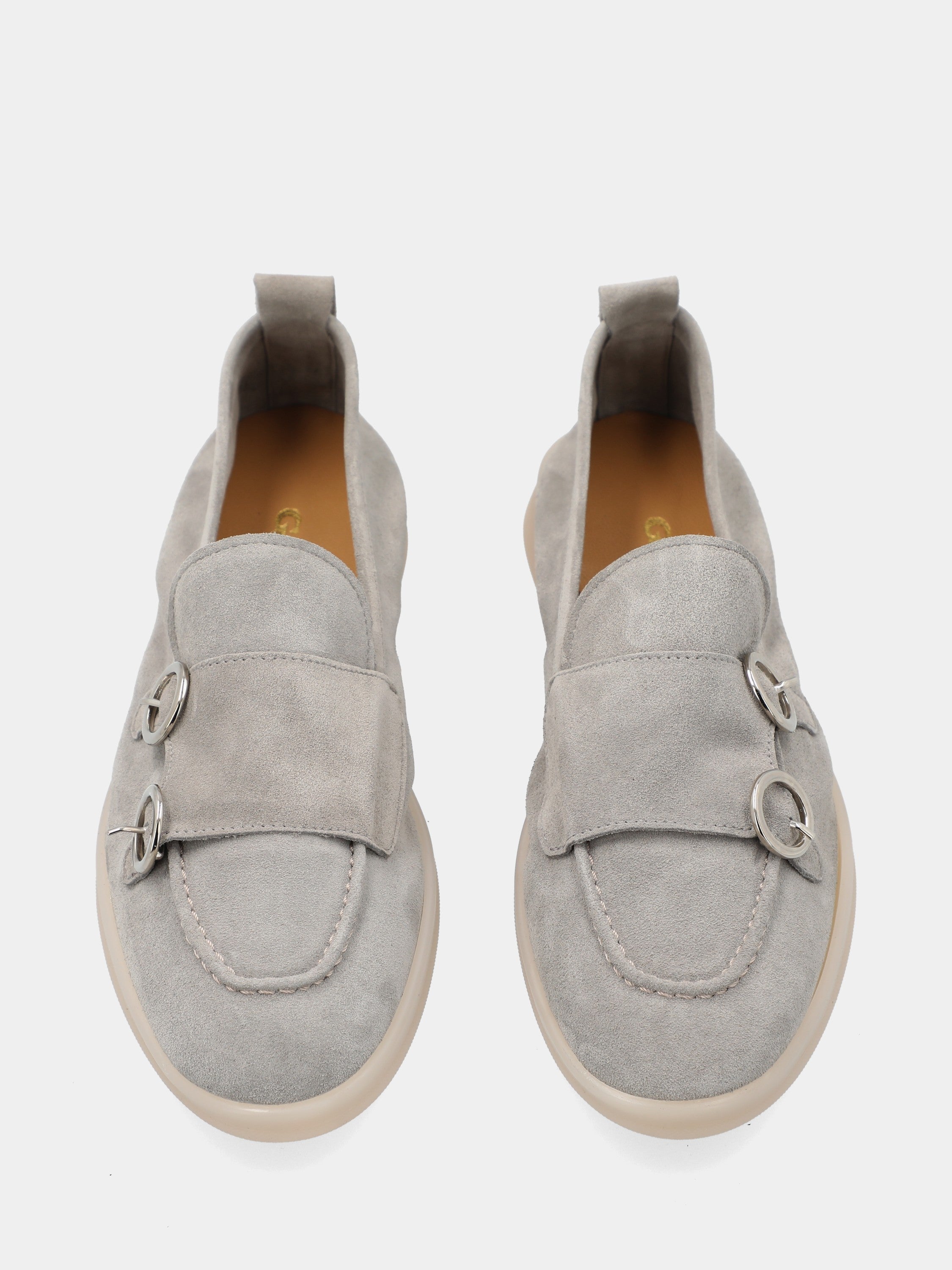 Gray velour moccasin with double buckle and 15mm sole