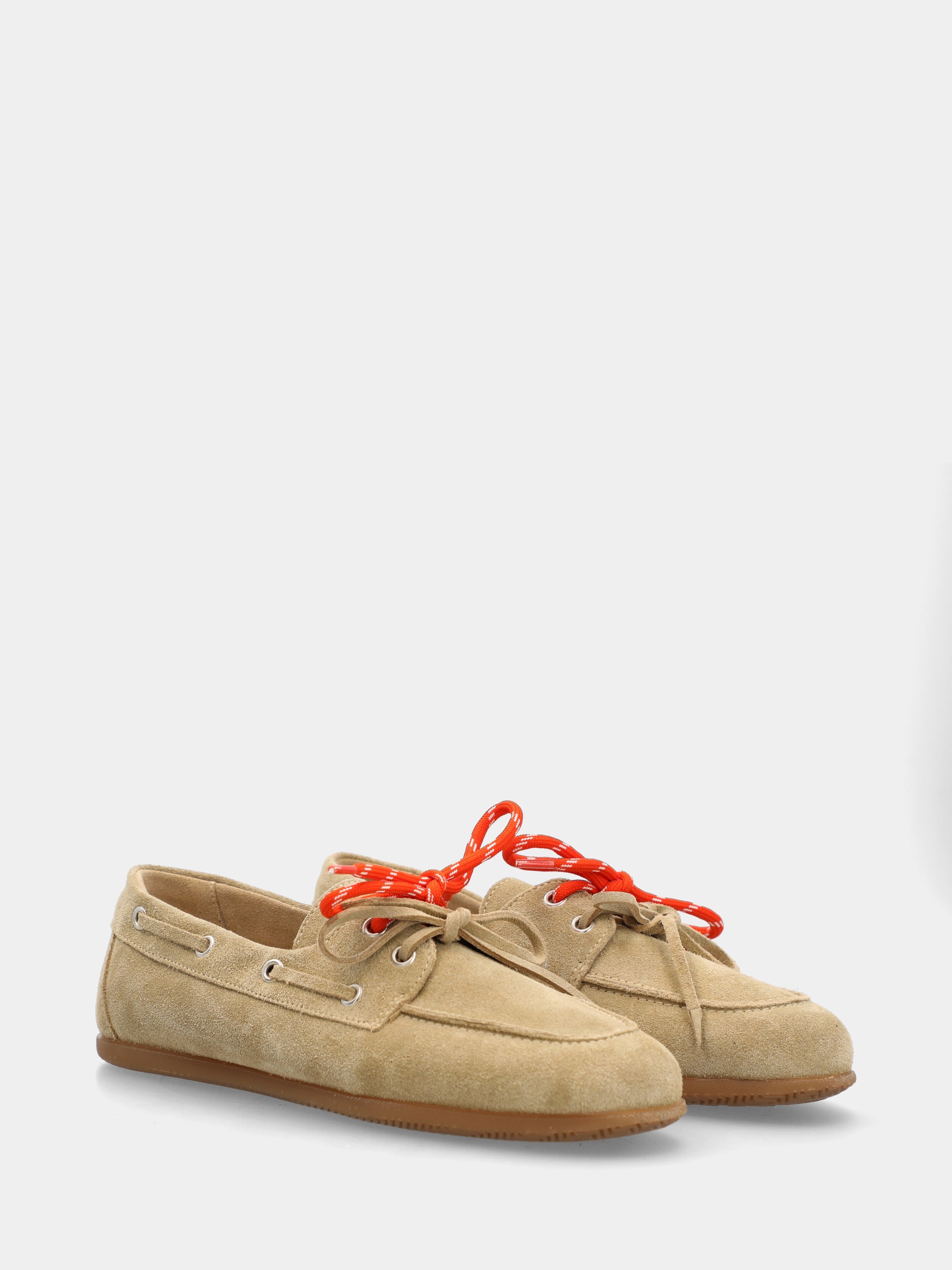Beige velour derby boat shoe with double laces
