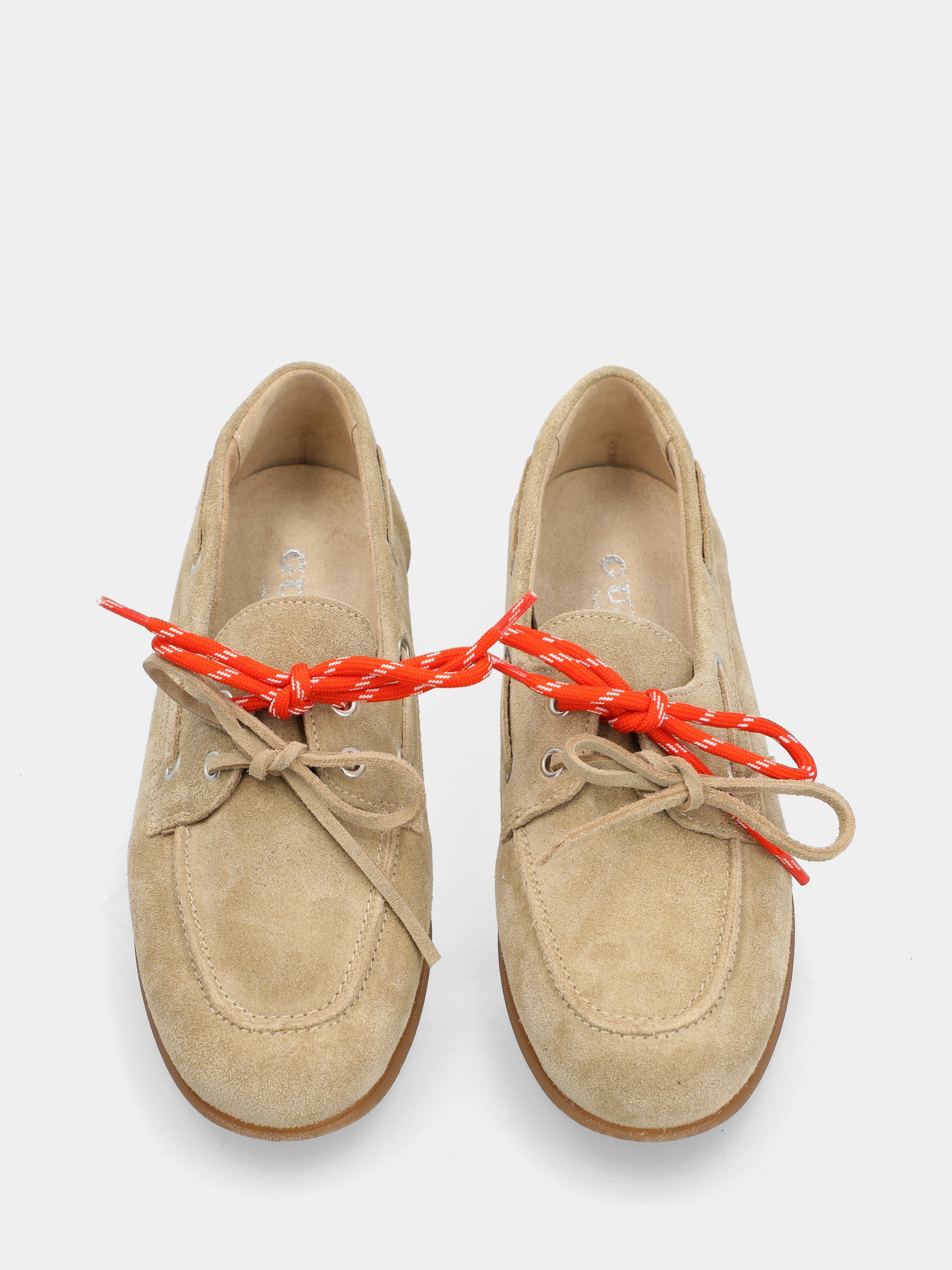 Beige velour derby boat shoe with double laces