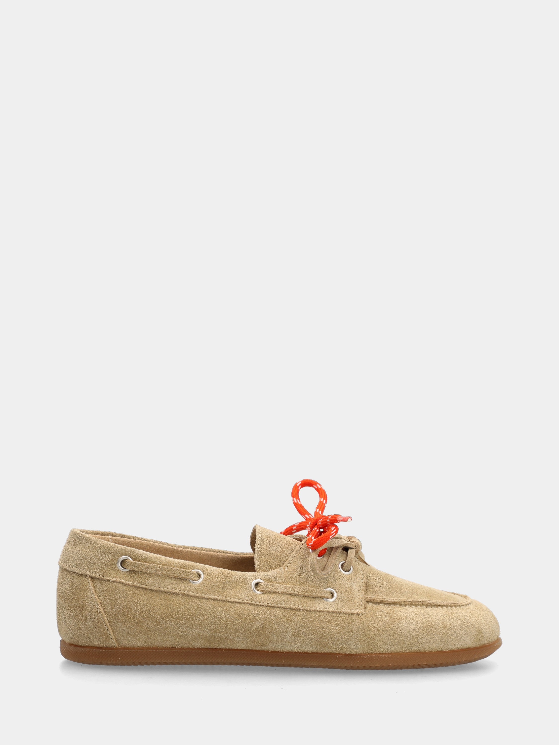 Beige velour derby boat shoe with double laces