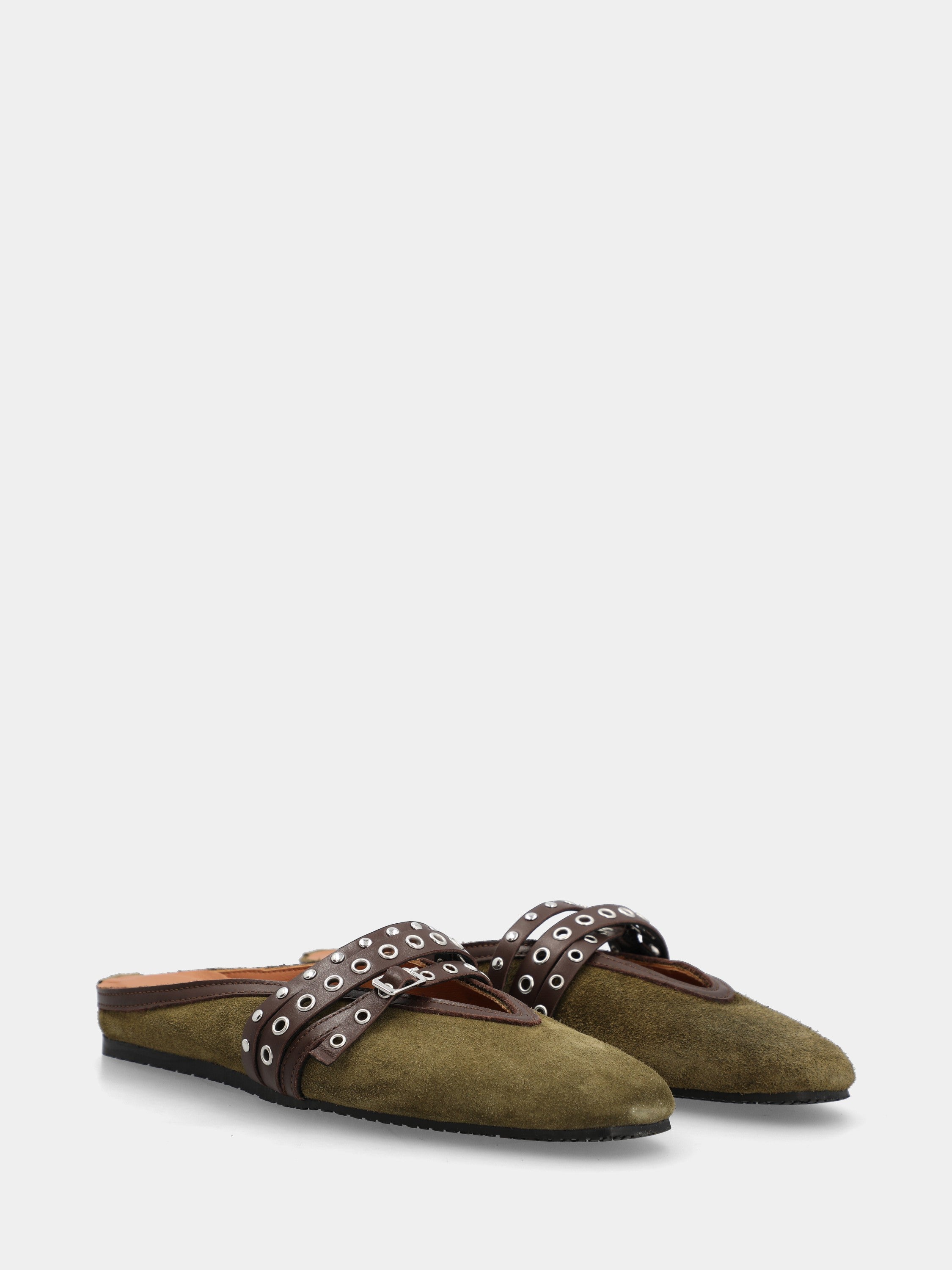 Green velour clog with studded straps and flat heel