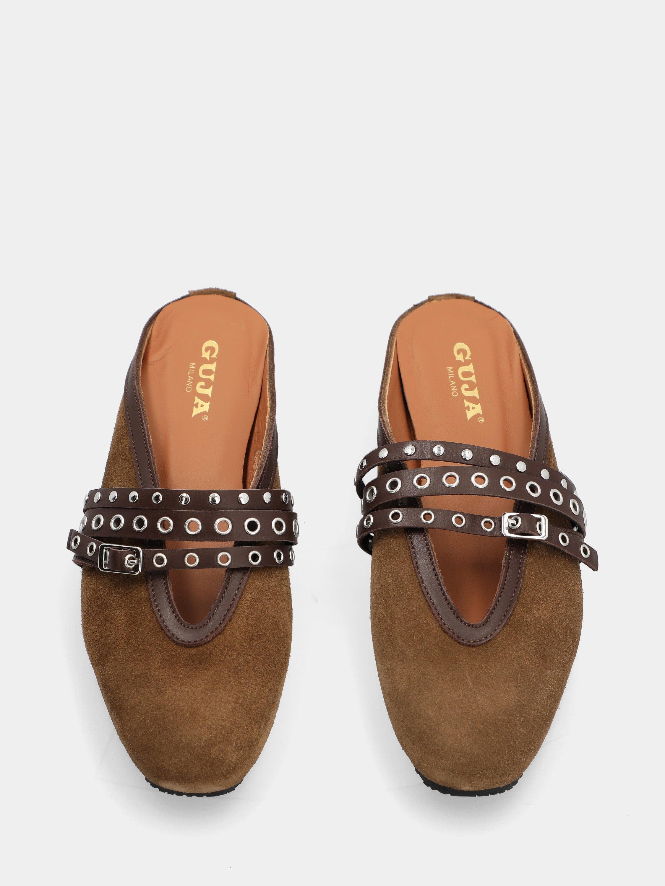 Taupe velour clogs with studded straps and flat heel