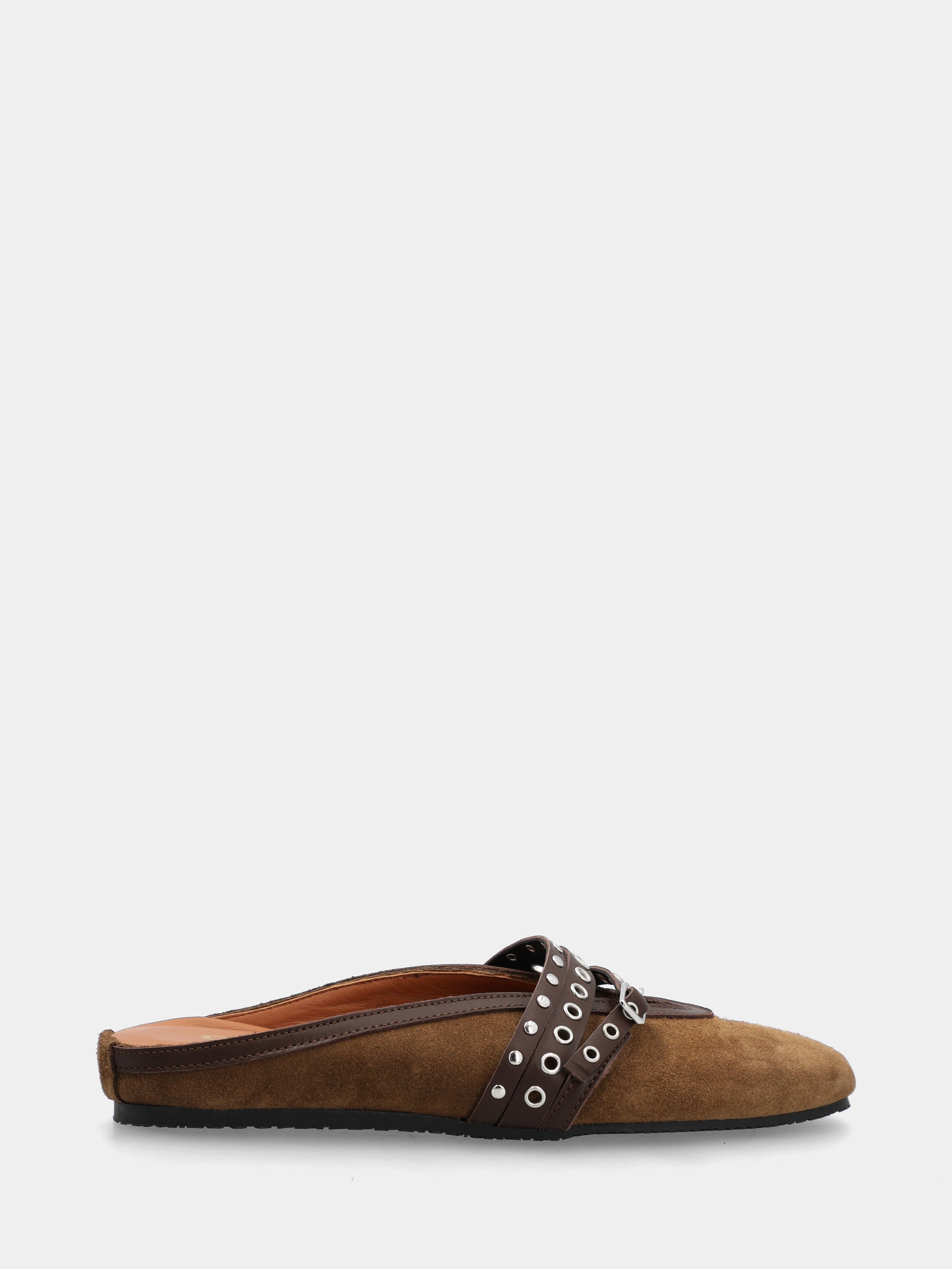 Taupe velour clogs with studded straps and flat heel