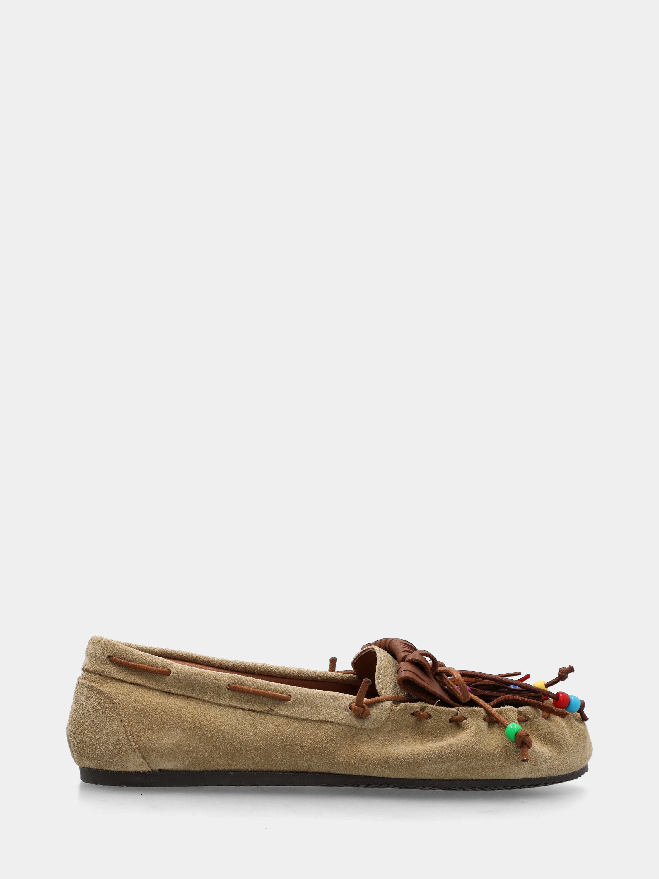 Mocassin en velours beige avec pompons et franges