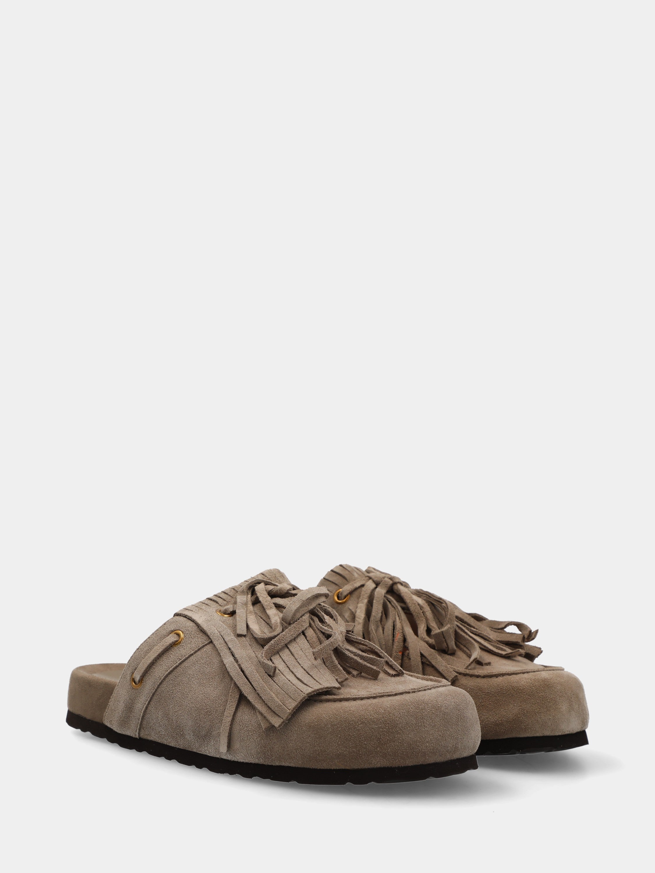 Sabot in camoscio beige con frangia e fiocco