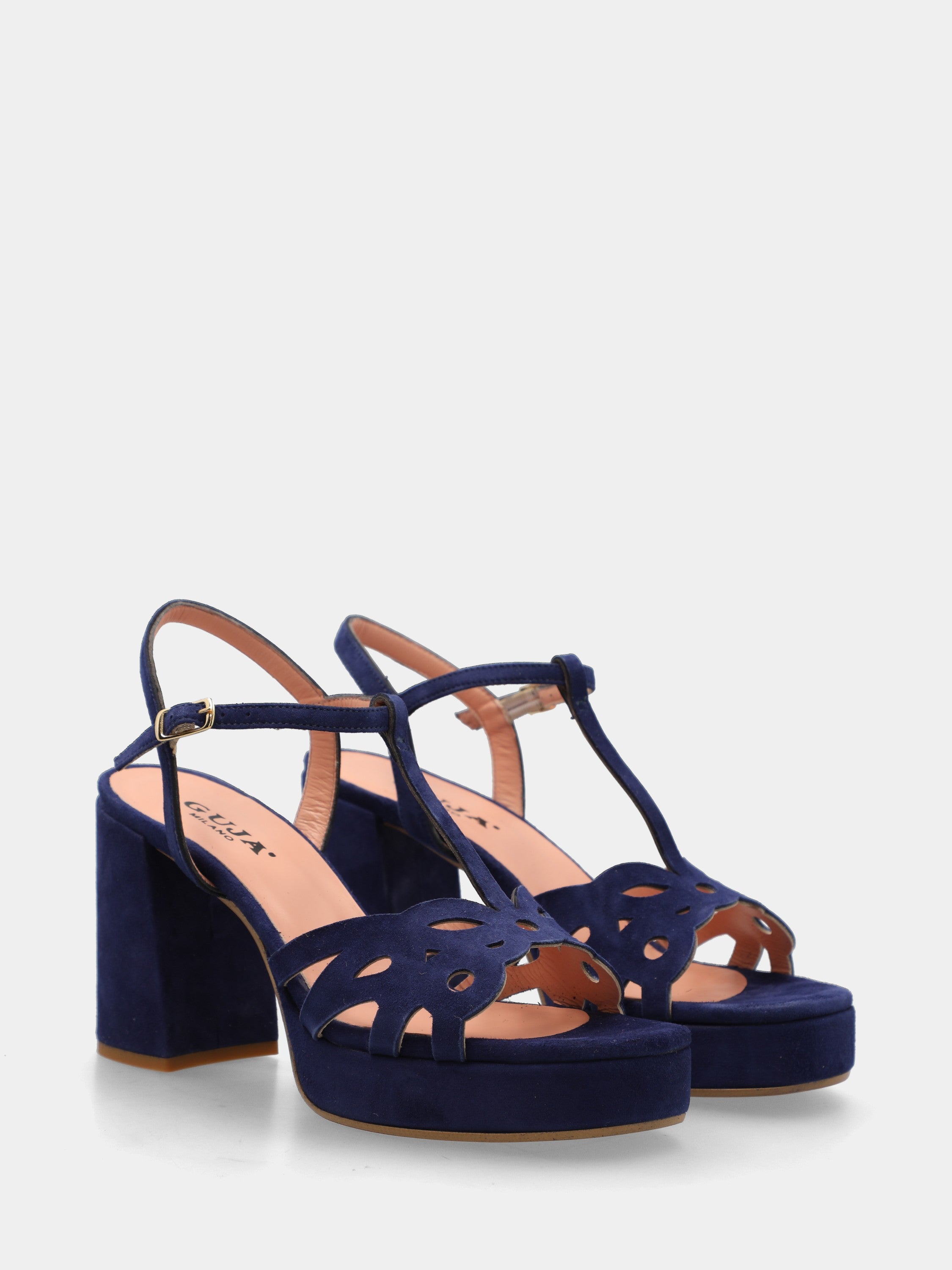 Blauer Wildleder-Sandalette mit Plateau und Blockabsatz