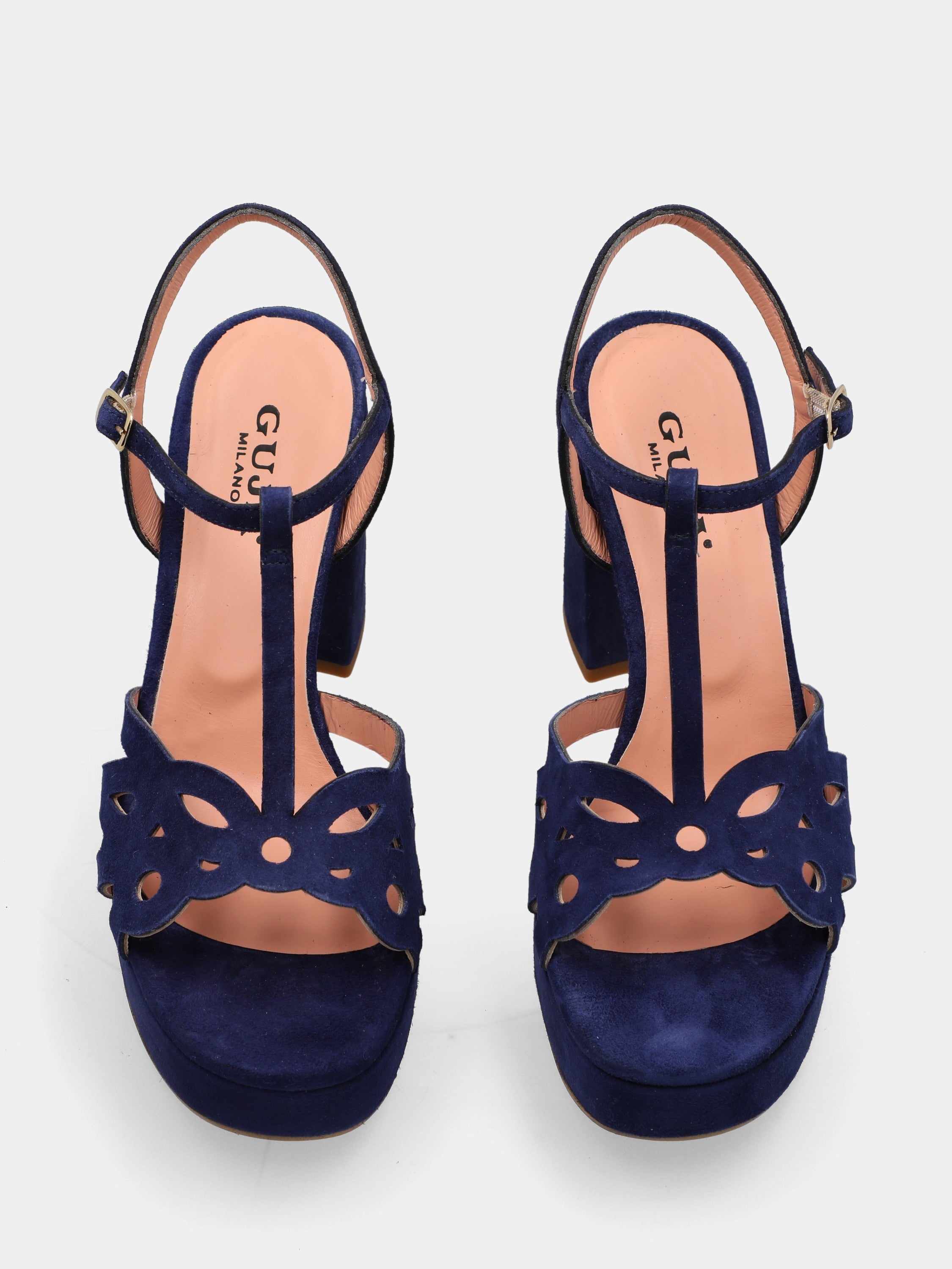Blauer Wildleder-Sandalette mit Plateau und Blockabsatz
