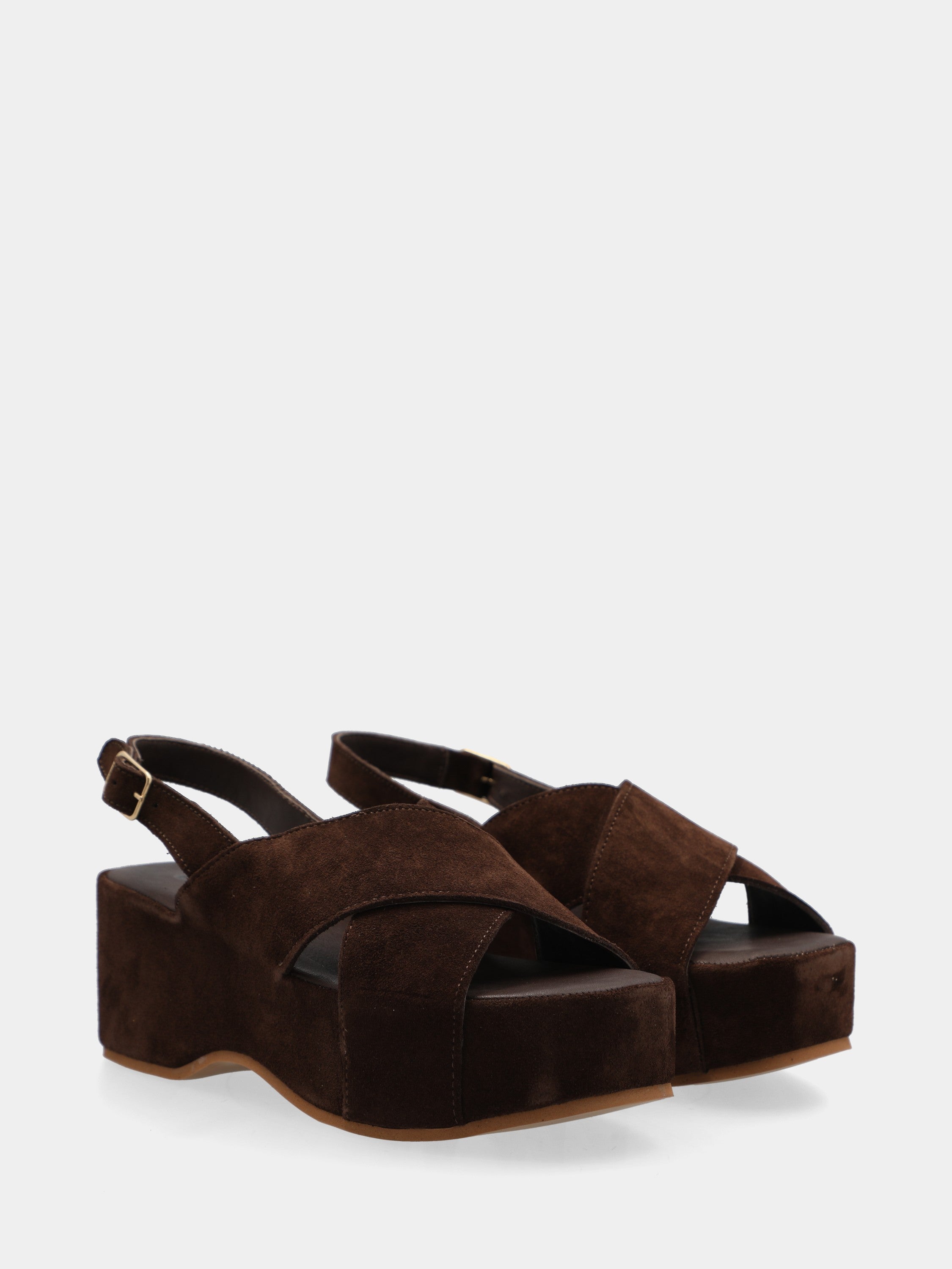 Dark brown velour sandal with crossed straps and platform wedge