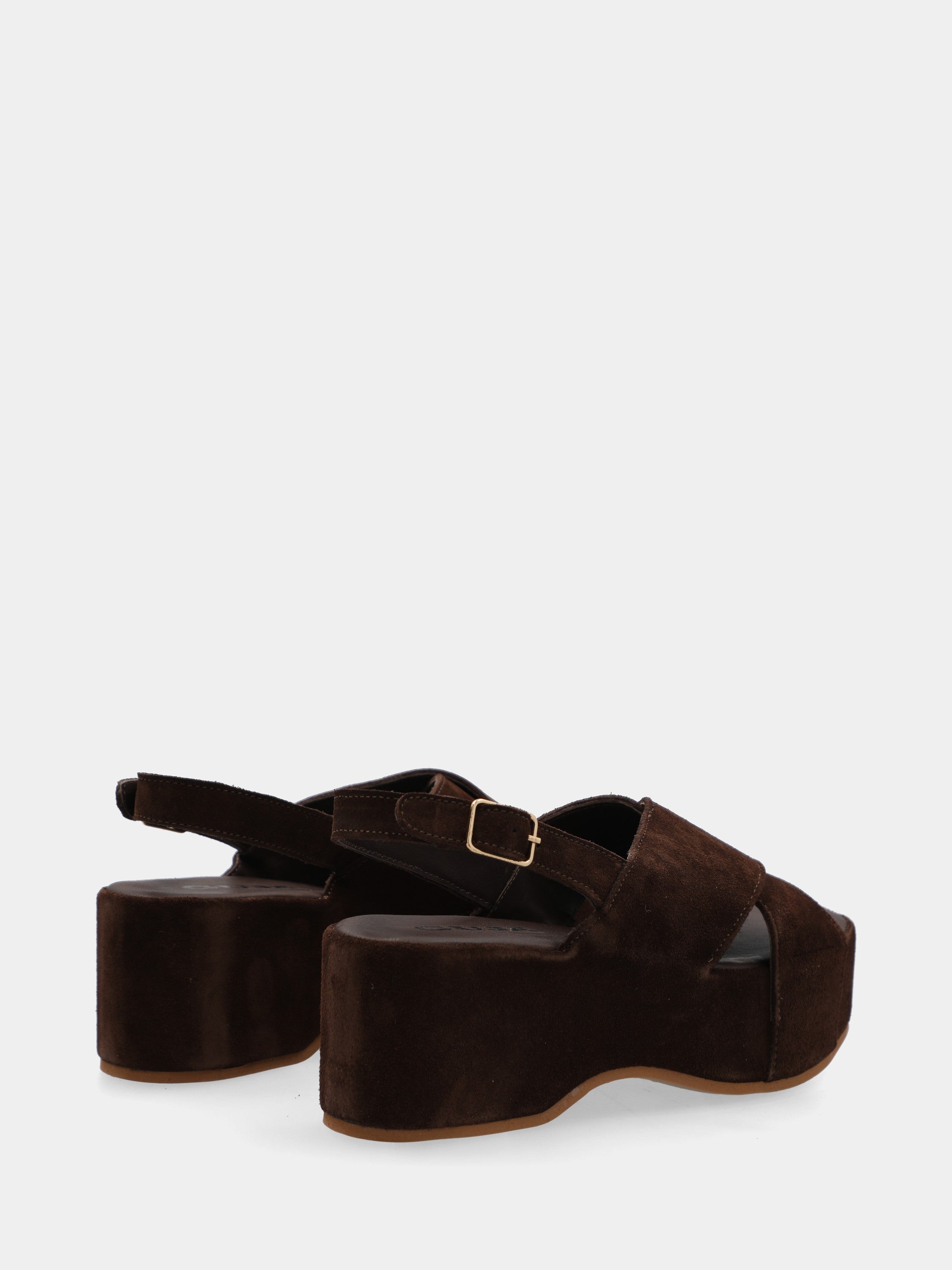 Dark brown velour sandal with crossed straps and platform wedge