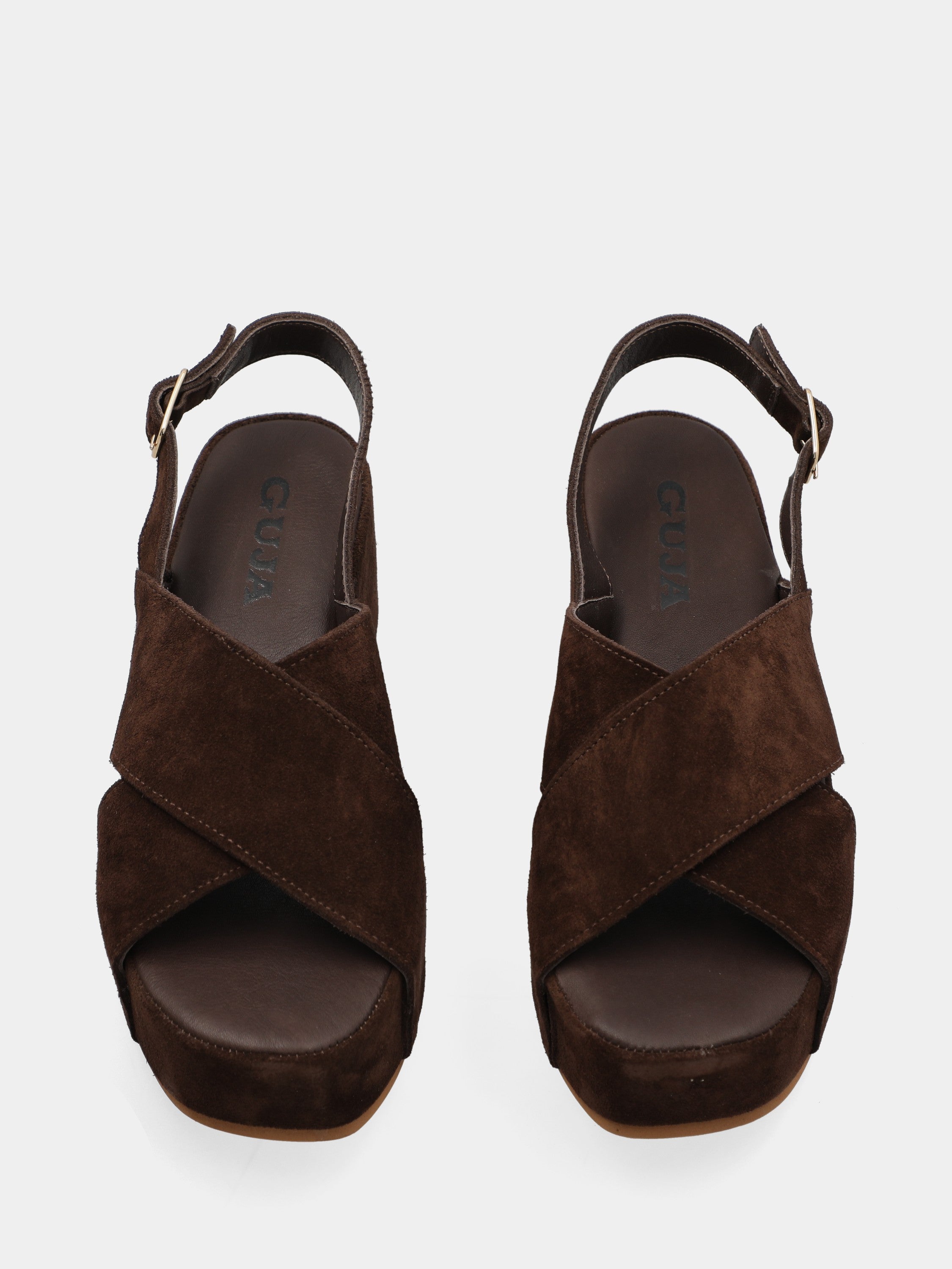 Dark brown velour sandal with crossed straps and platform wedge