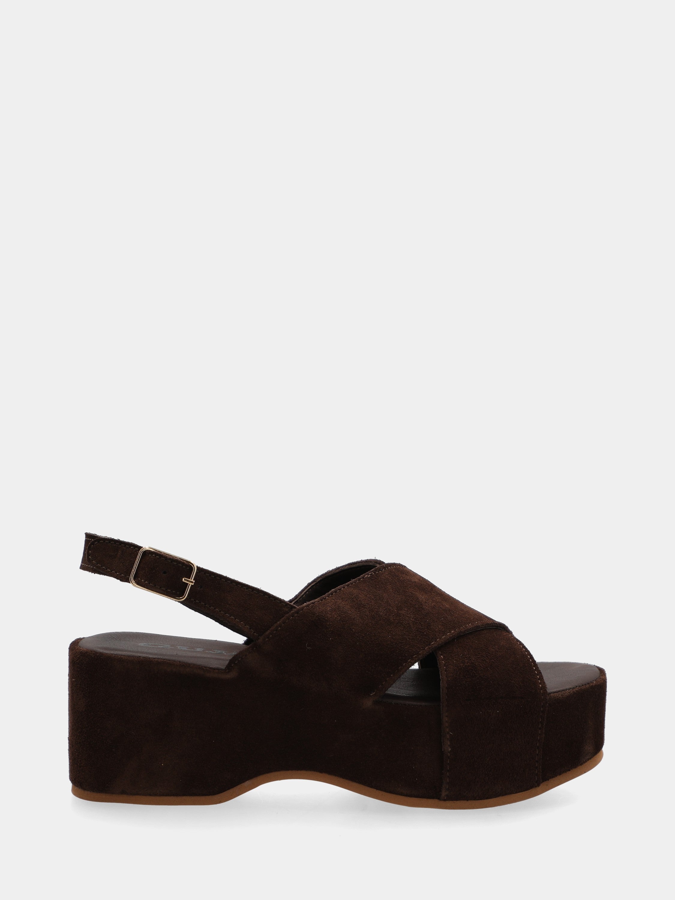 Dark brown velour sandal with crossed straps and platform wedge
