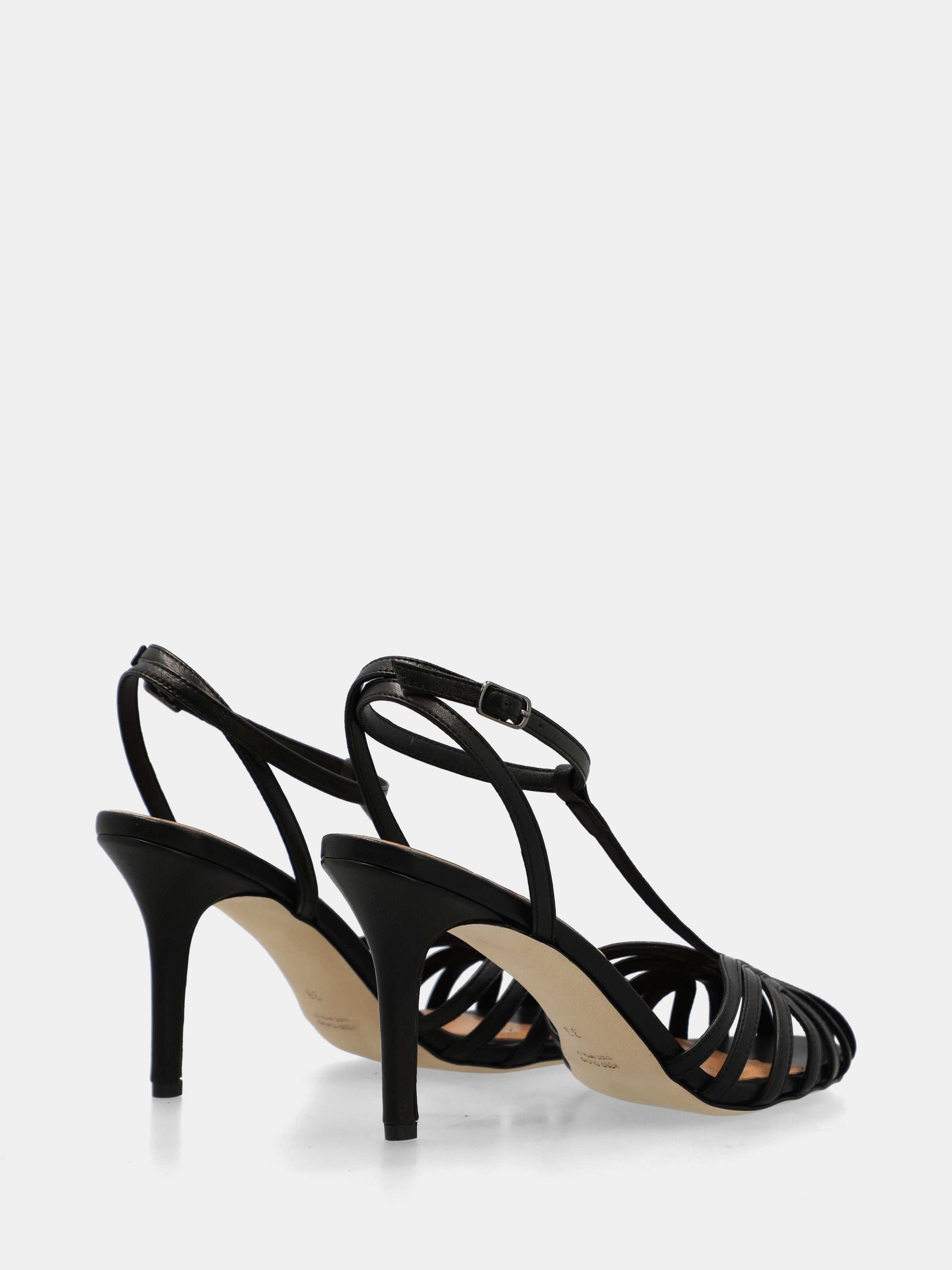 Black nappa T-bar sandal with curved straps and stiletto heel