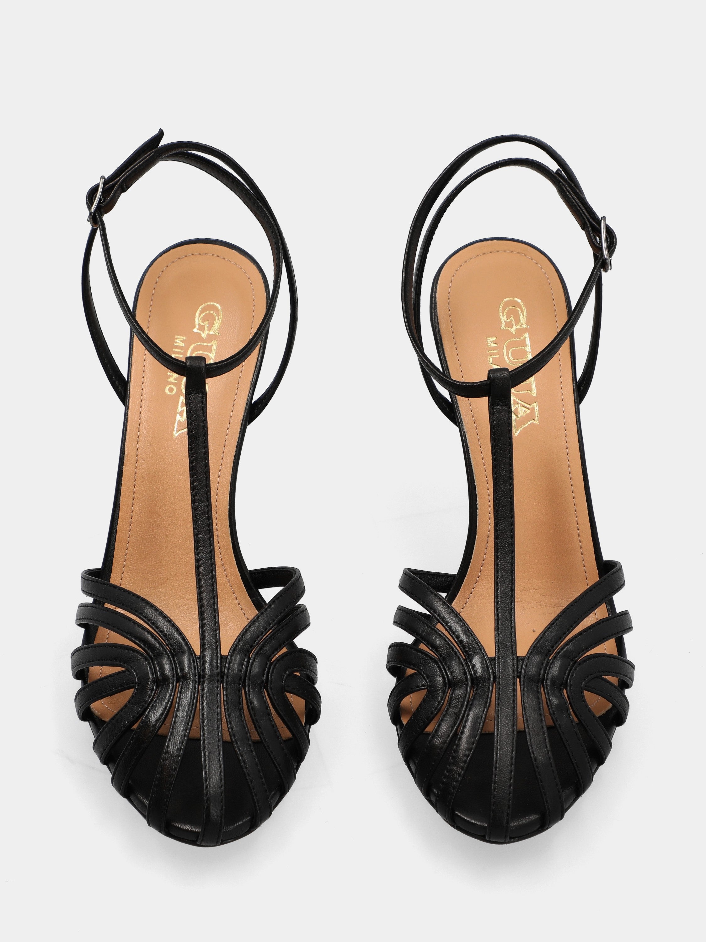 Black nappa T-bar sandal with curved straps and stiletto heel