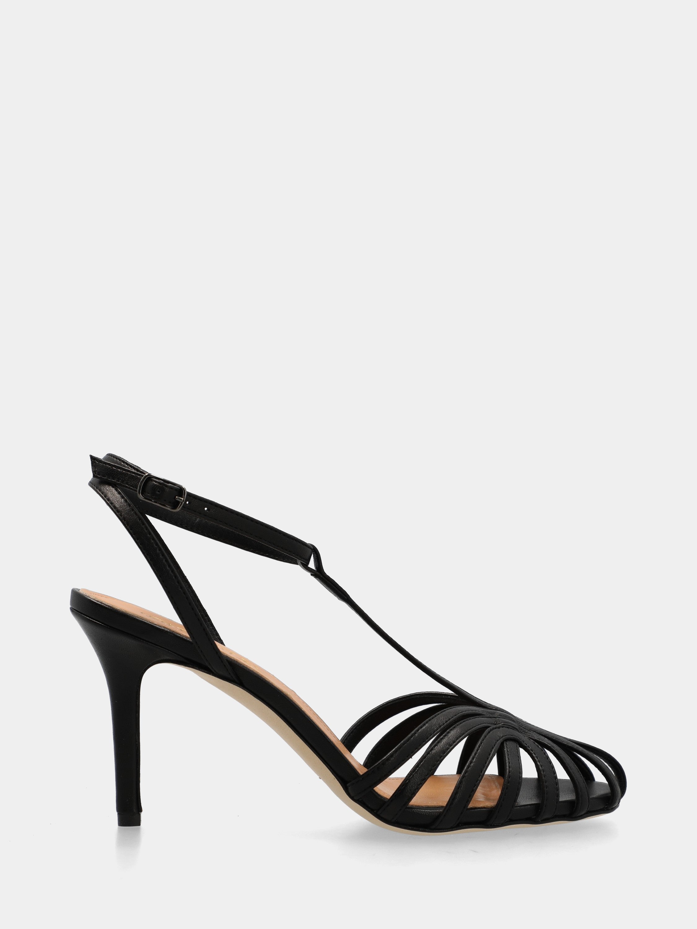 T-Riemchen-Sandalette aus schwarzem Nappaleder mit geschwungenen Riemchen und Stilettoabsatz