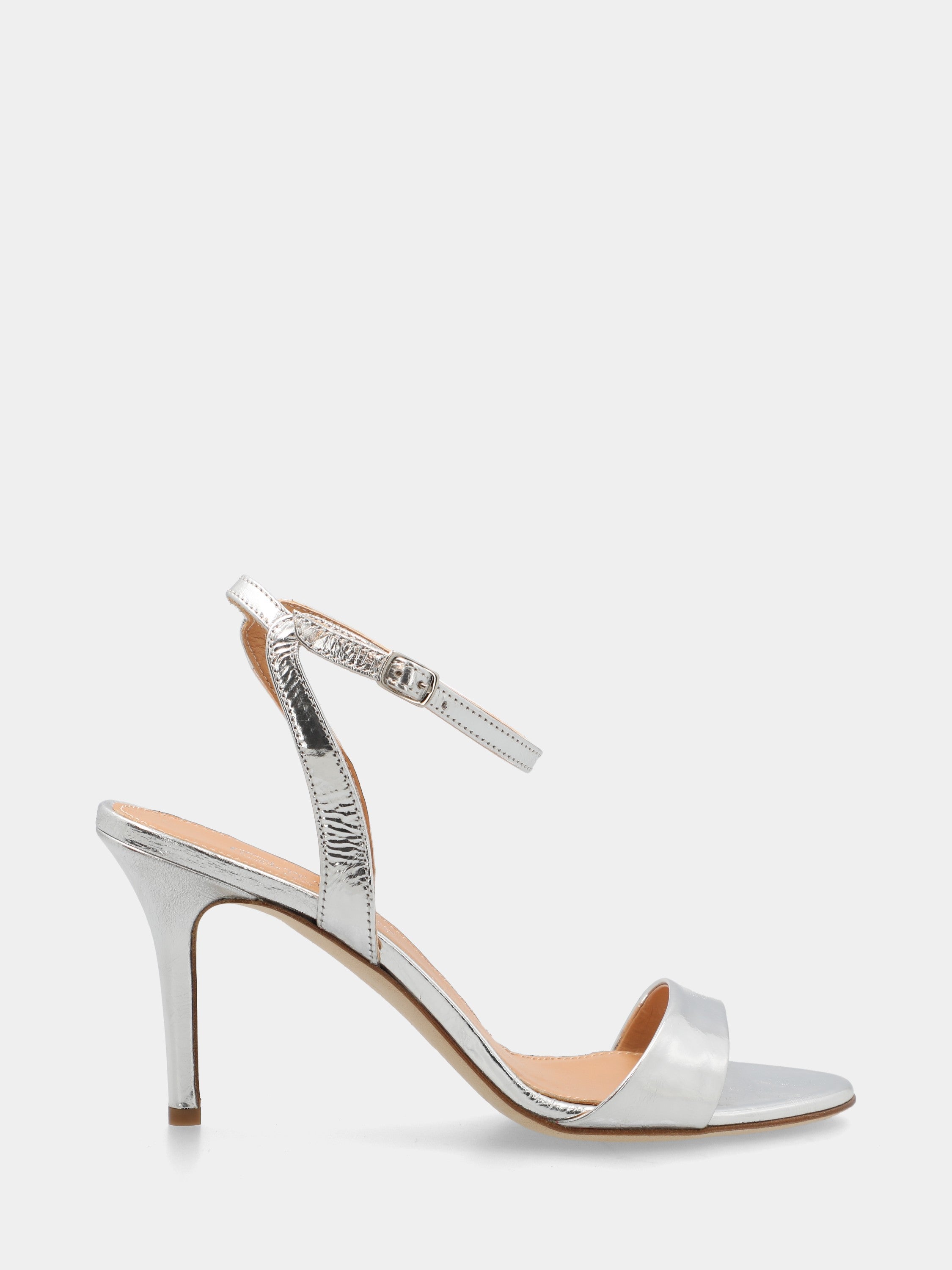 Sandalo in laminato argento con cinturino alla caviglia e tacco stiletto