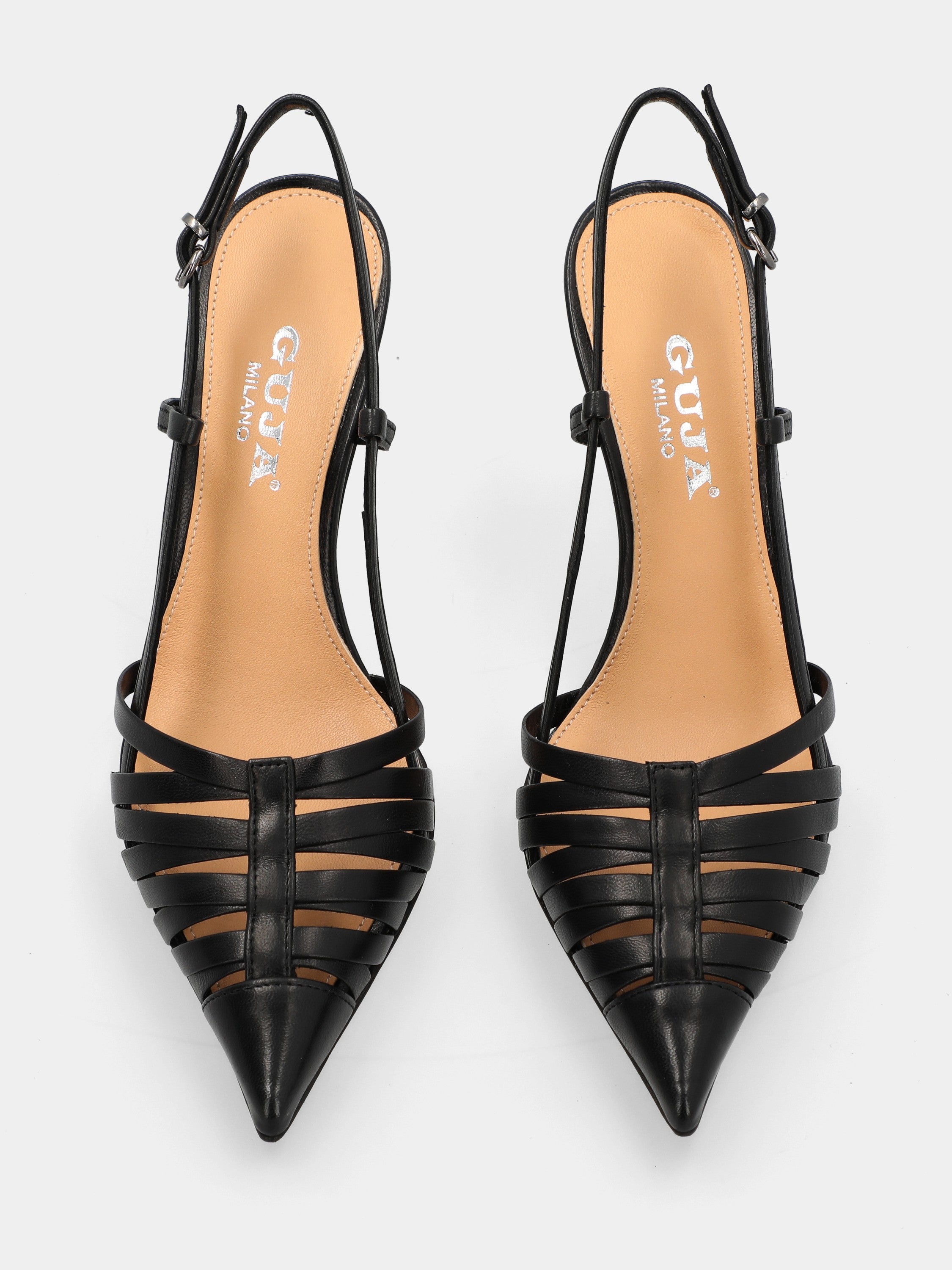 Slingback in nappa nera con cinturini incrociati e stiletto 75mm