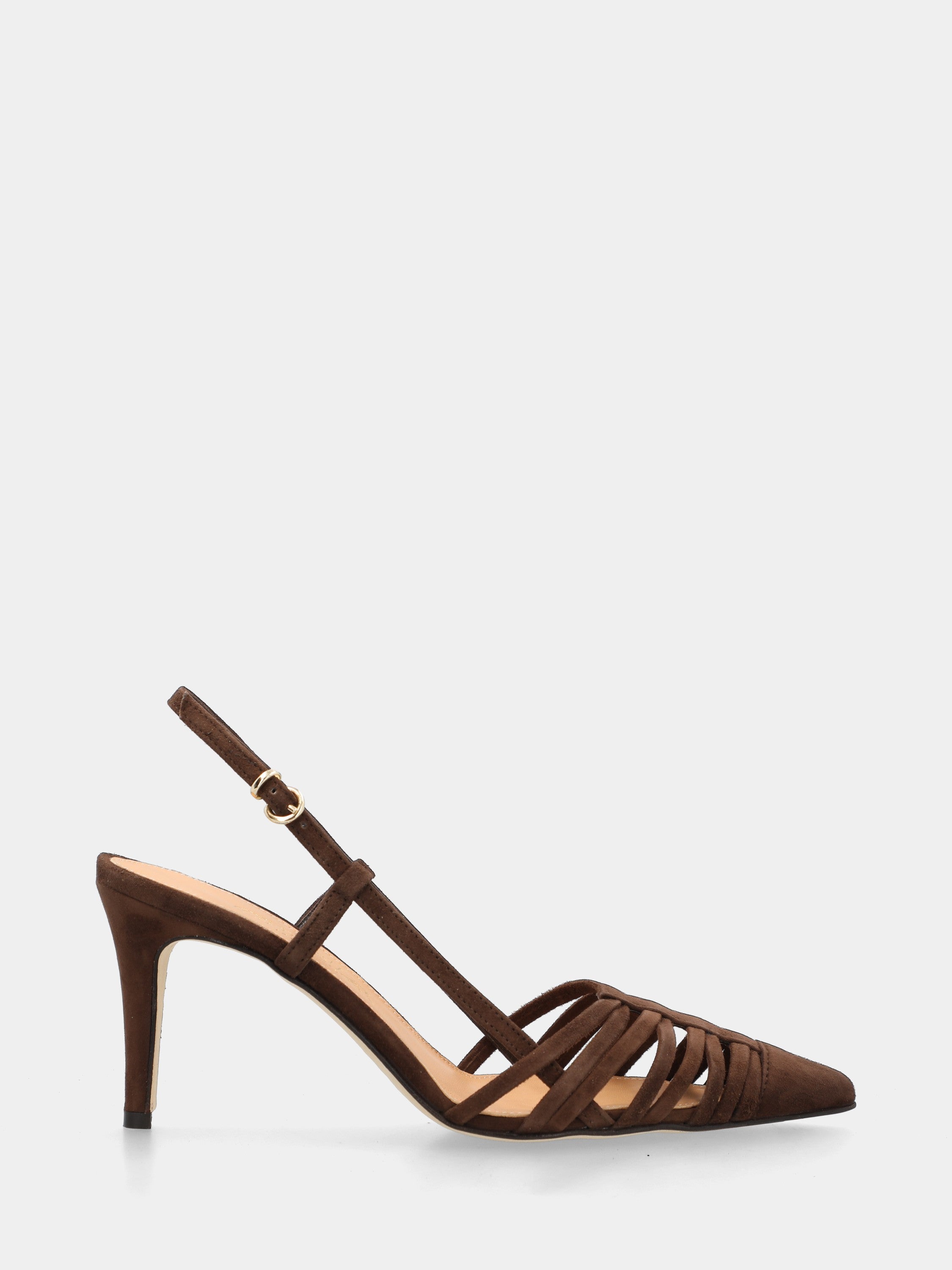 Slingback in camoscio moro con cinturini incrociati e stiletto 75mm