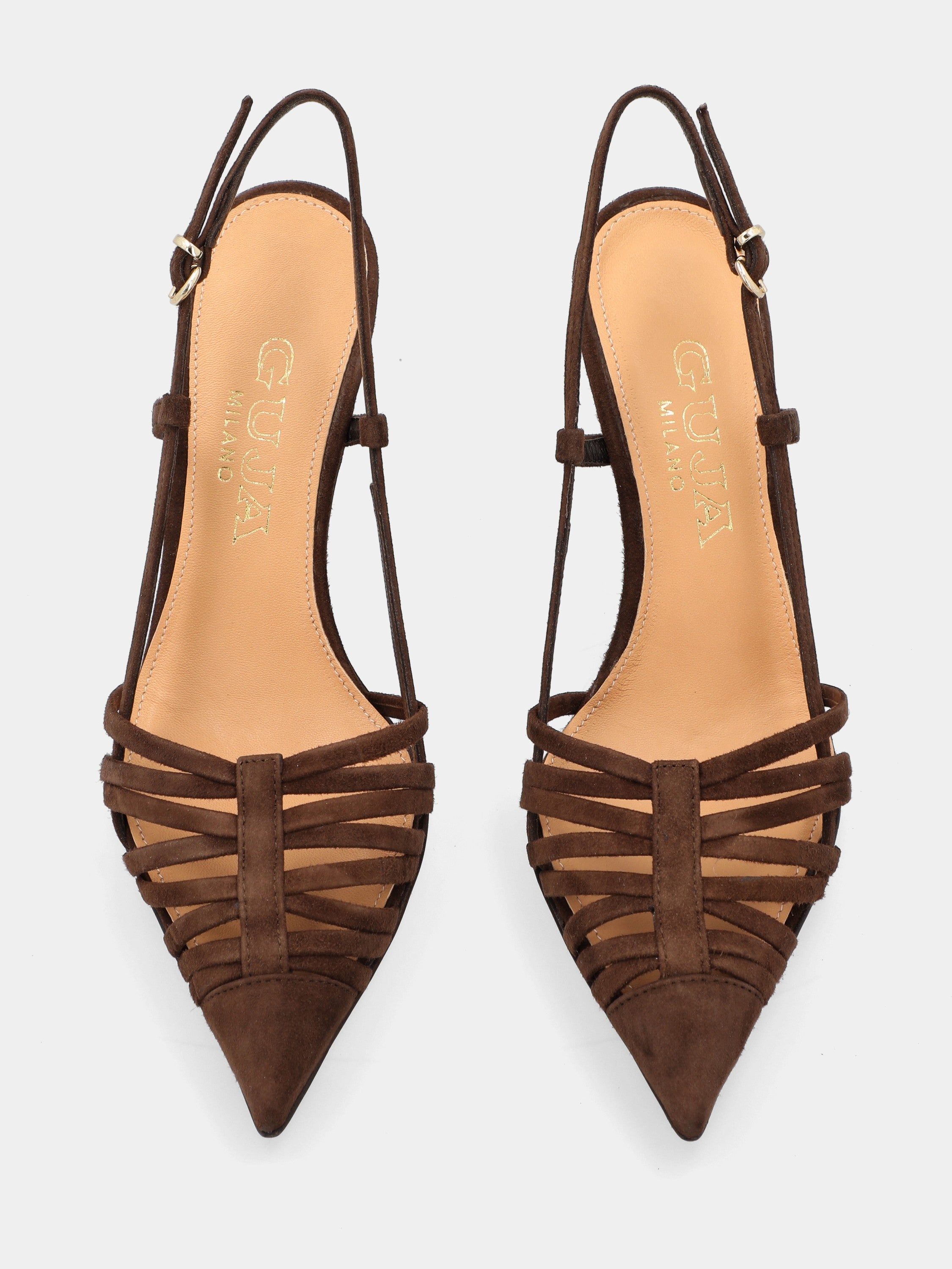 Slingback in camoscio moro con cinturini incrociati e stiletto 75mm