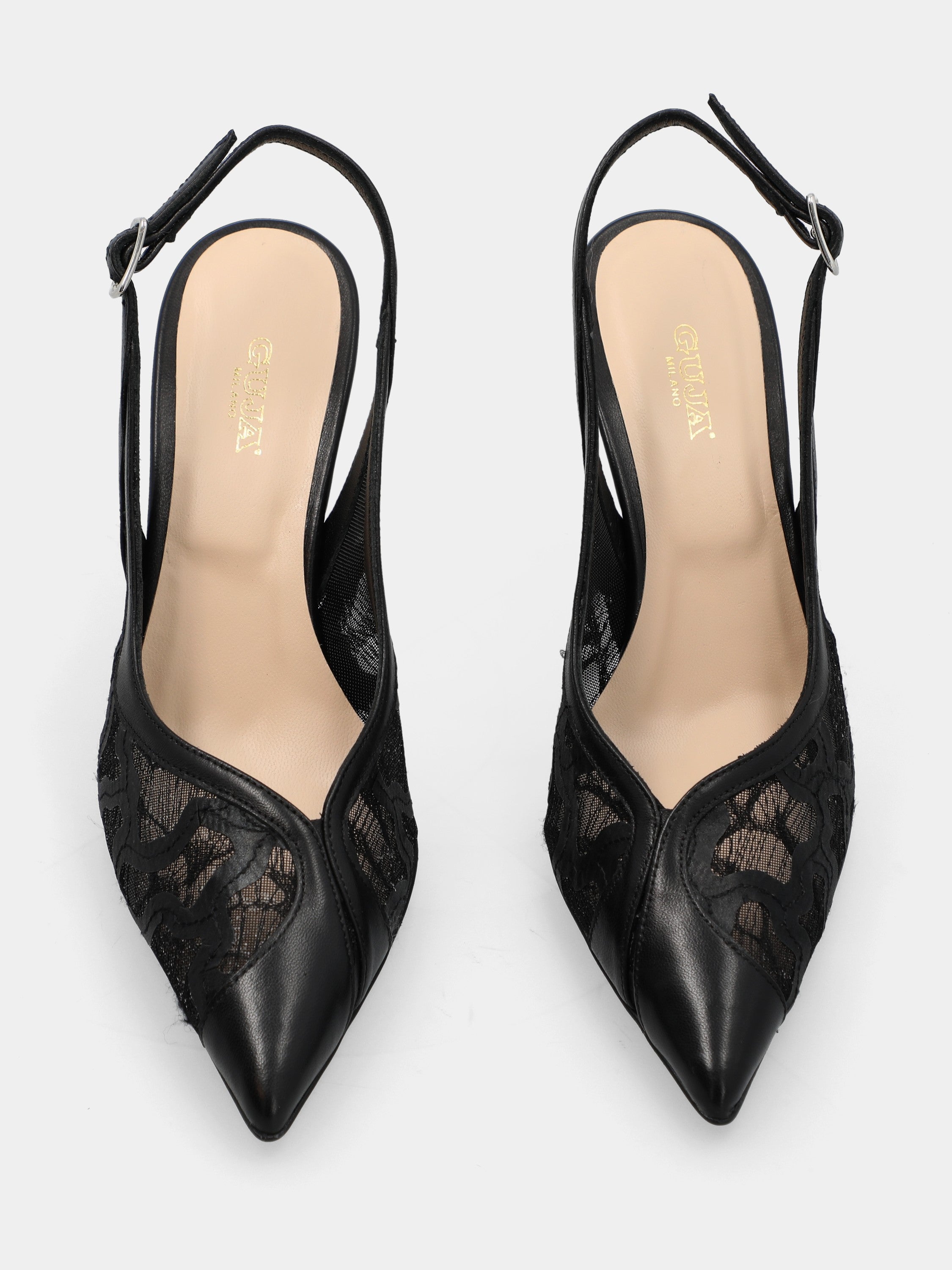 Slingback in nappa nera con ricami e punta sfilata