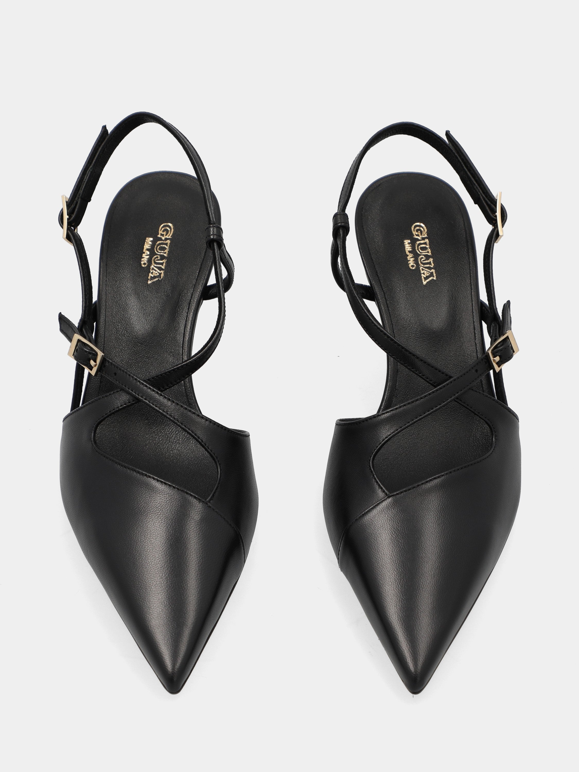 Slingback in nappa nera con cinturini incrociati e tacco a calice