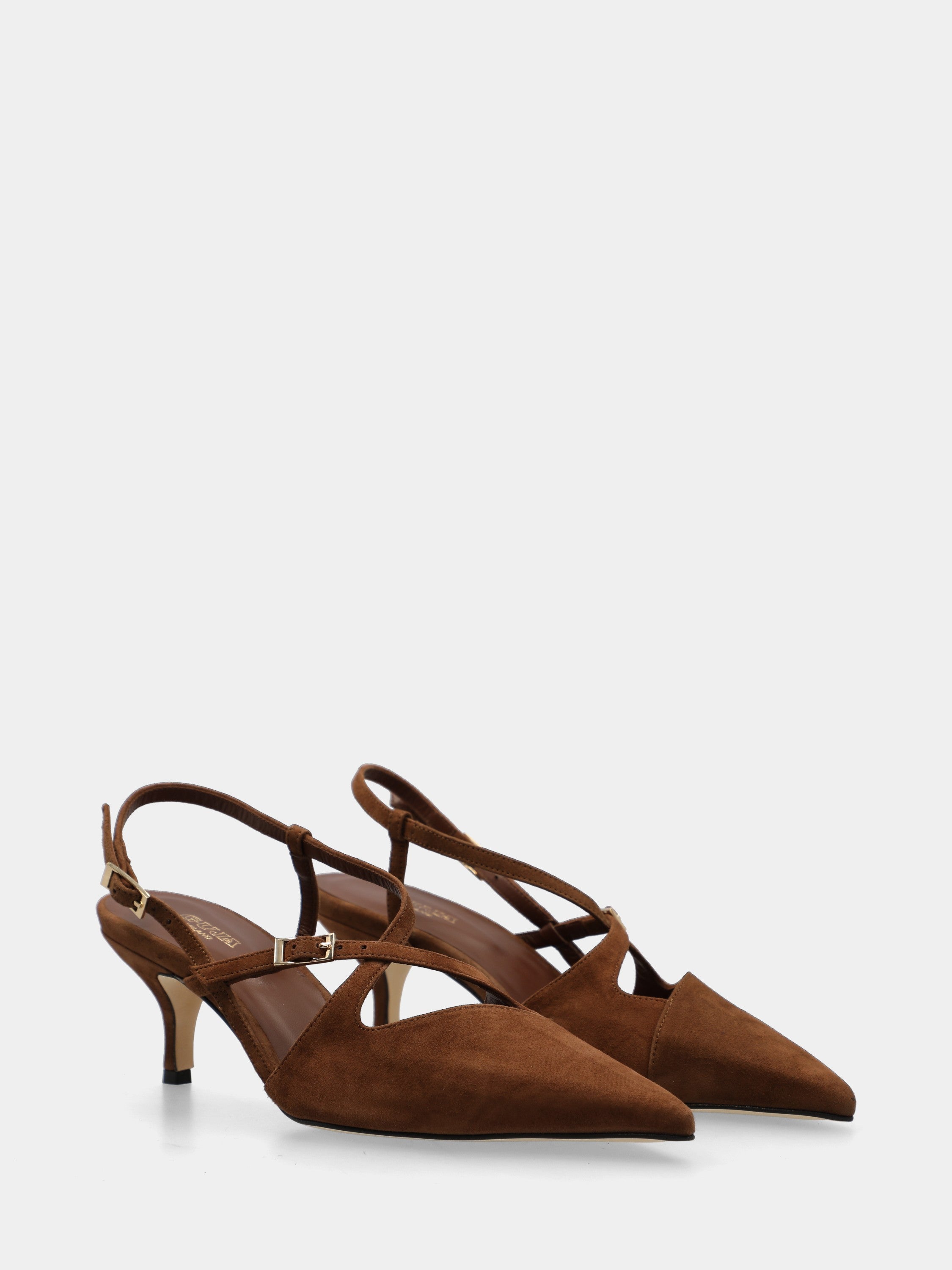 Slingback in camoscio testa di moro con cinturini incrociati e tacco a calice