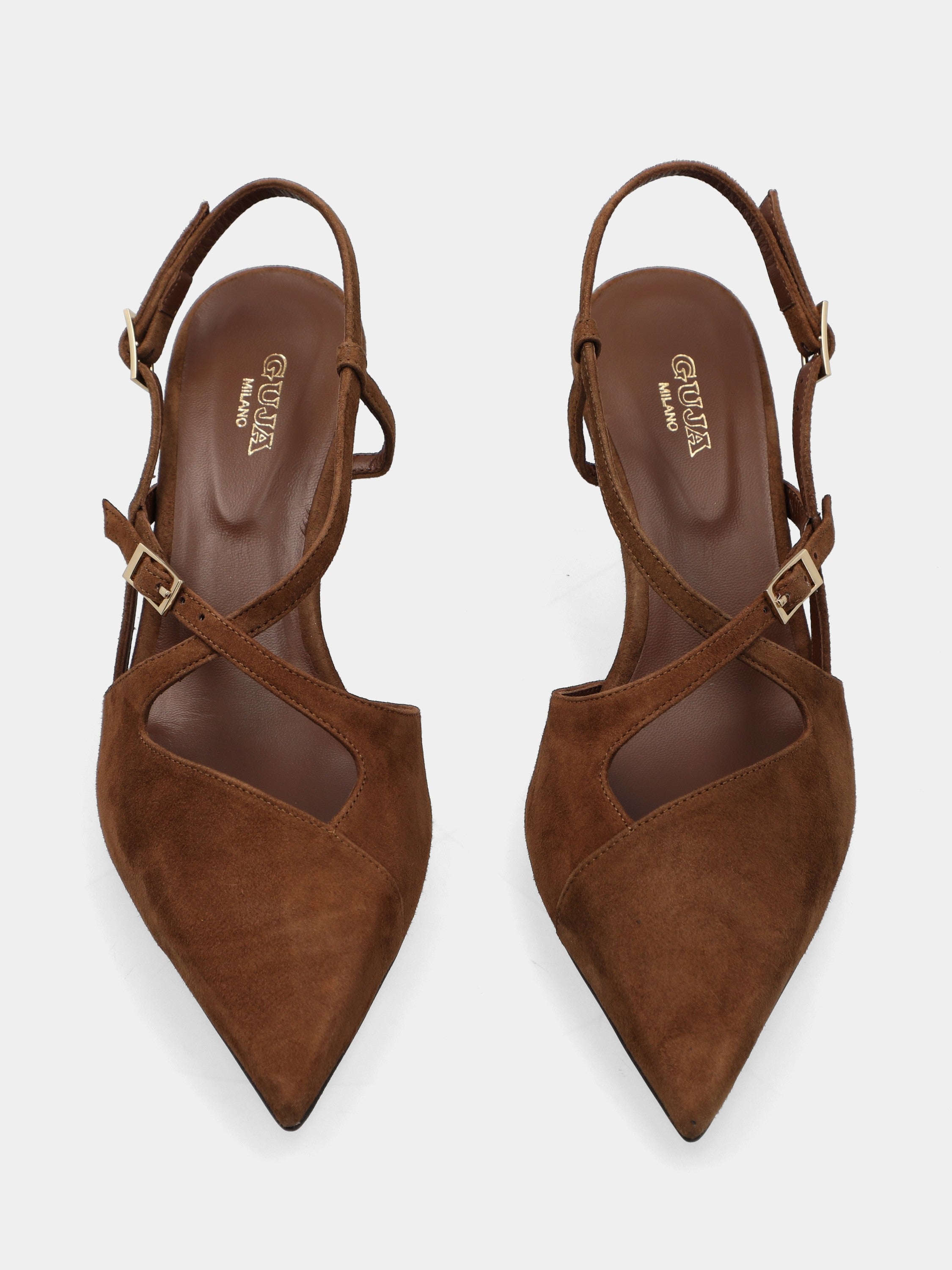 Slingback in camoscio testa di moro con cinturini incrociati e tacco a calice