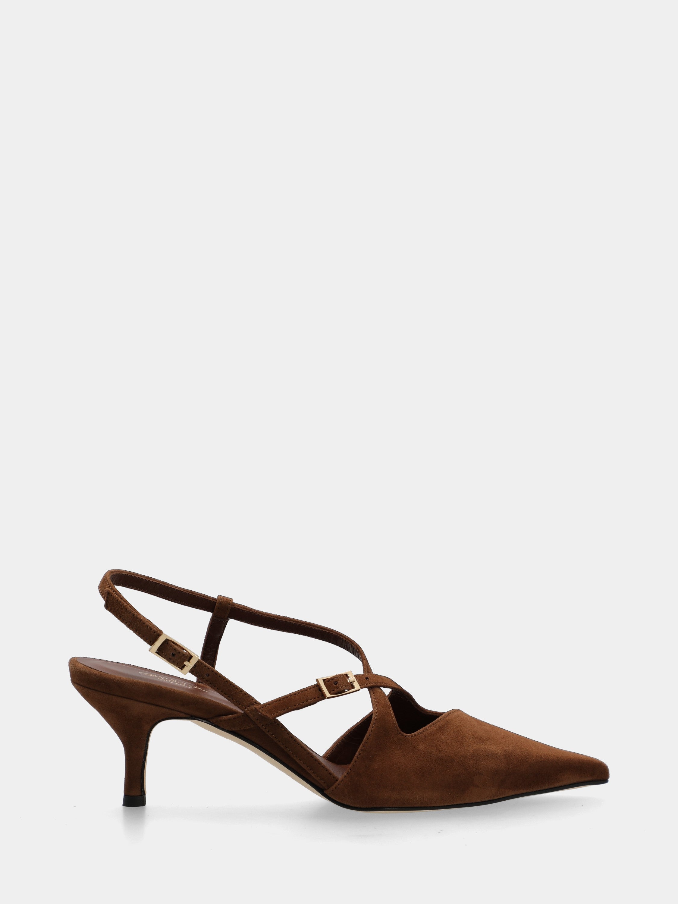 Slingback in camoscio testa di moro con cinturini incrociati e tacco a calice