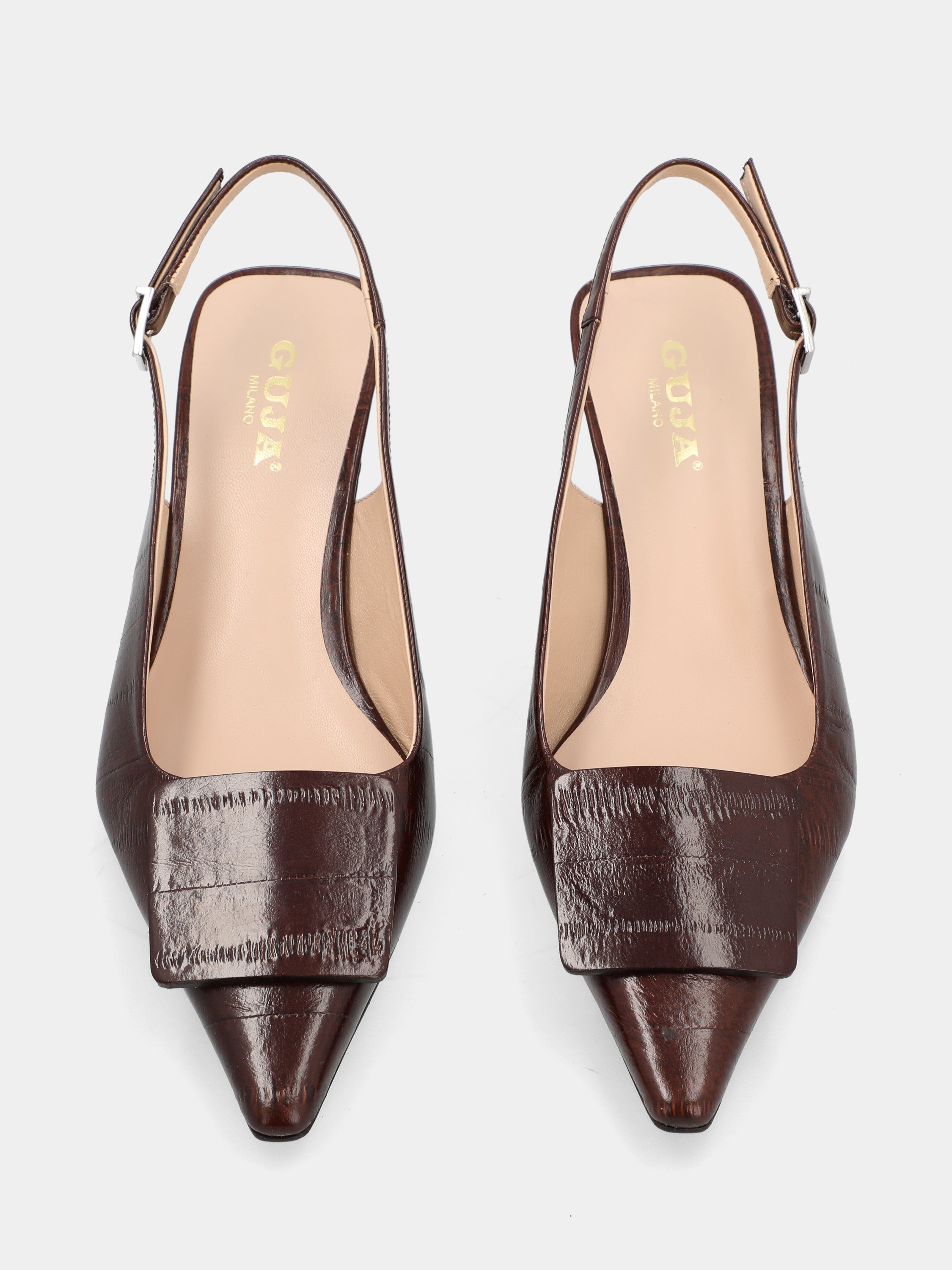 Slingback in dark brown eel-embossed calfskin with tail heel