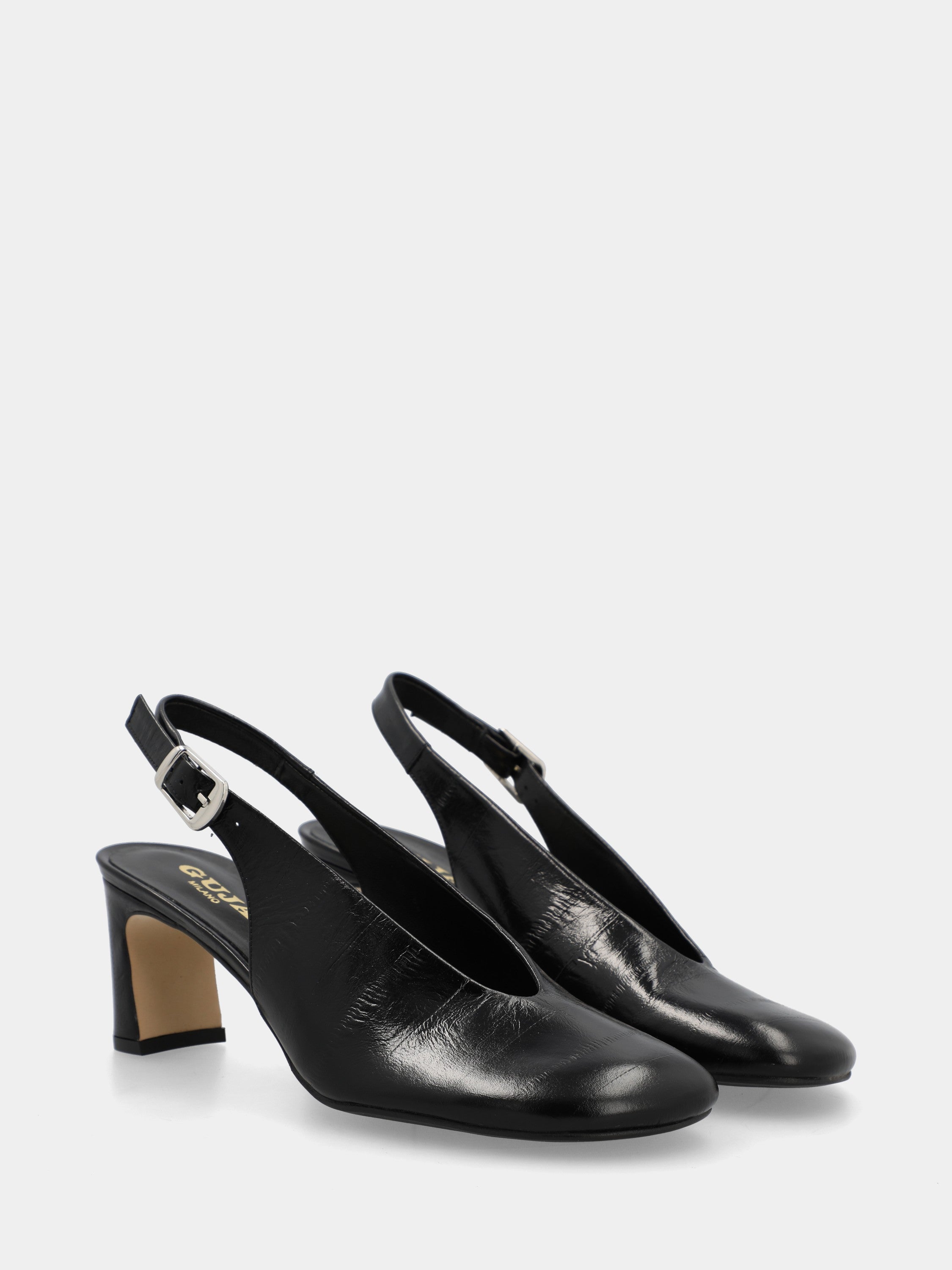 Slingback aus schwarzem Anguille-Prägungsvitello mit Pfennigabsatz