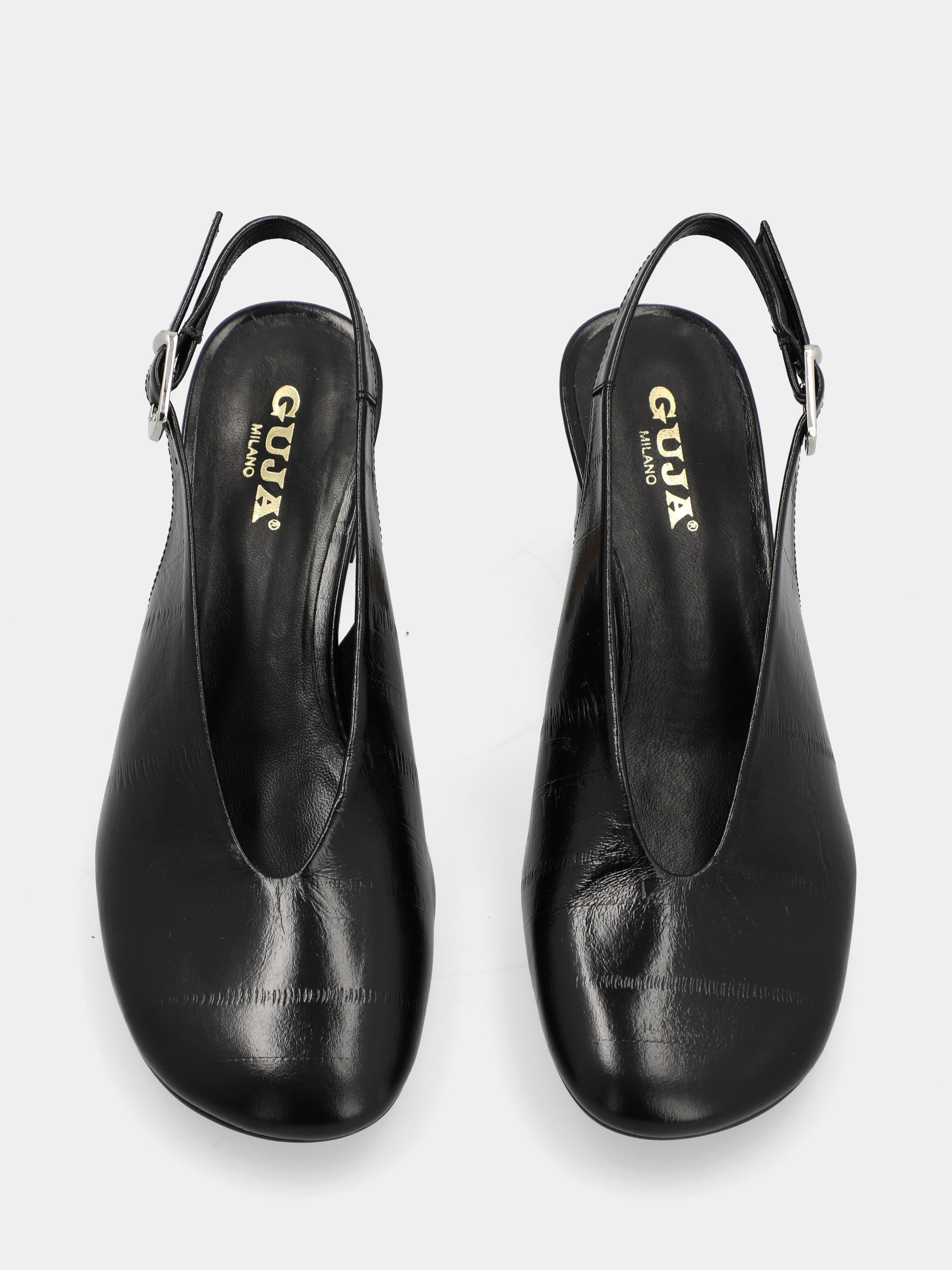 Slingback aus schwarzem Anguille-Prägungsvitello mit Pfennigabsatz