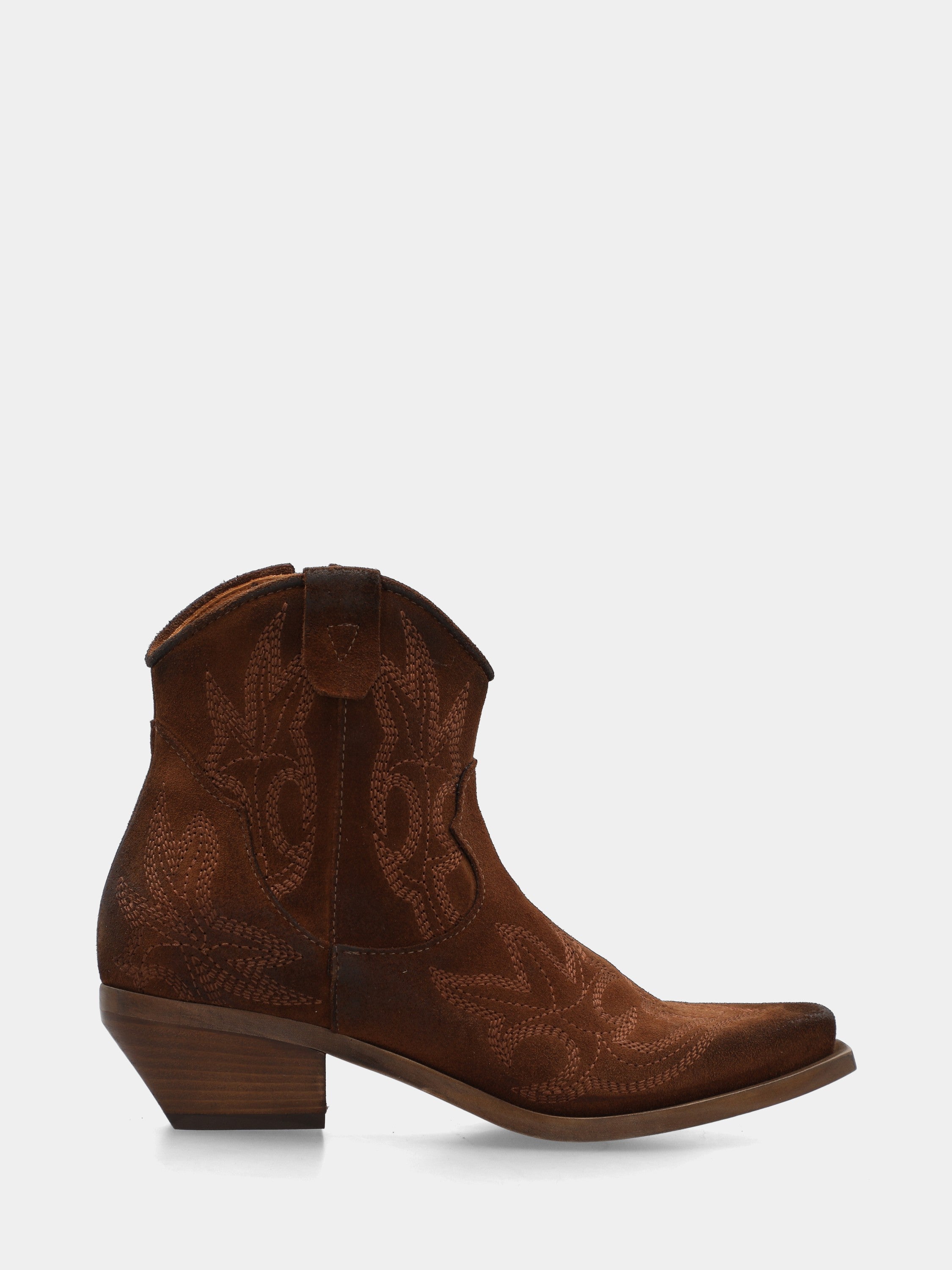 Western ankle boot in embroidered brown suede with pointed toe